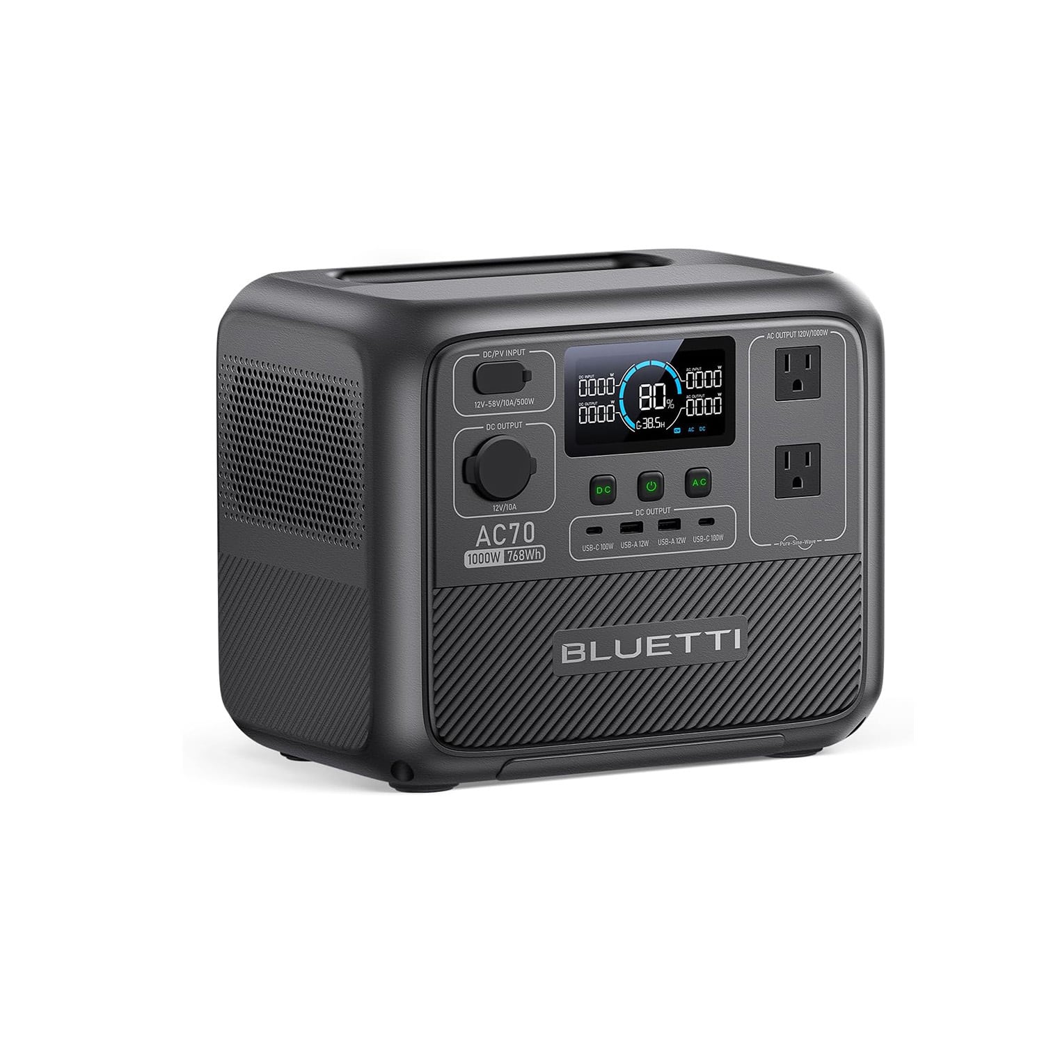 BLUETTI - 1000-Watt Continuous/1500W Peak Output Power Station AC70 768 LiFePO4 Battery Solar Generator for Outdoor (768 Wh Capacity) - Gray