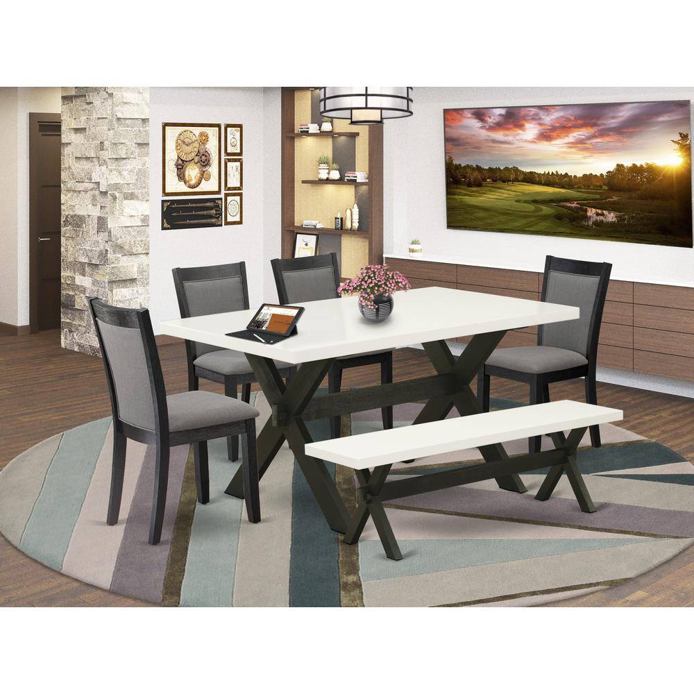 Alt View 3. East West Furniture - X626MZ650-6 6 Pc Table Set - Linen White Dinner Table with Kitchen Bench and 4 Dark Gotham Grey Chairs - Wire Brushed - Multi-Color.