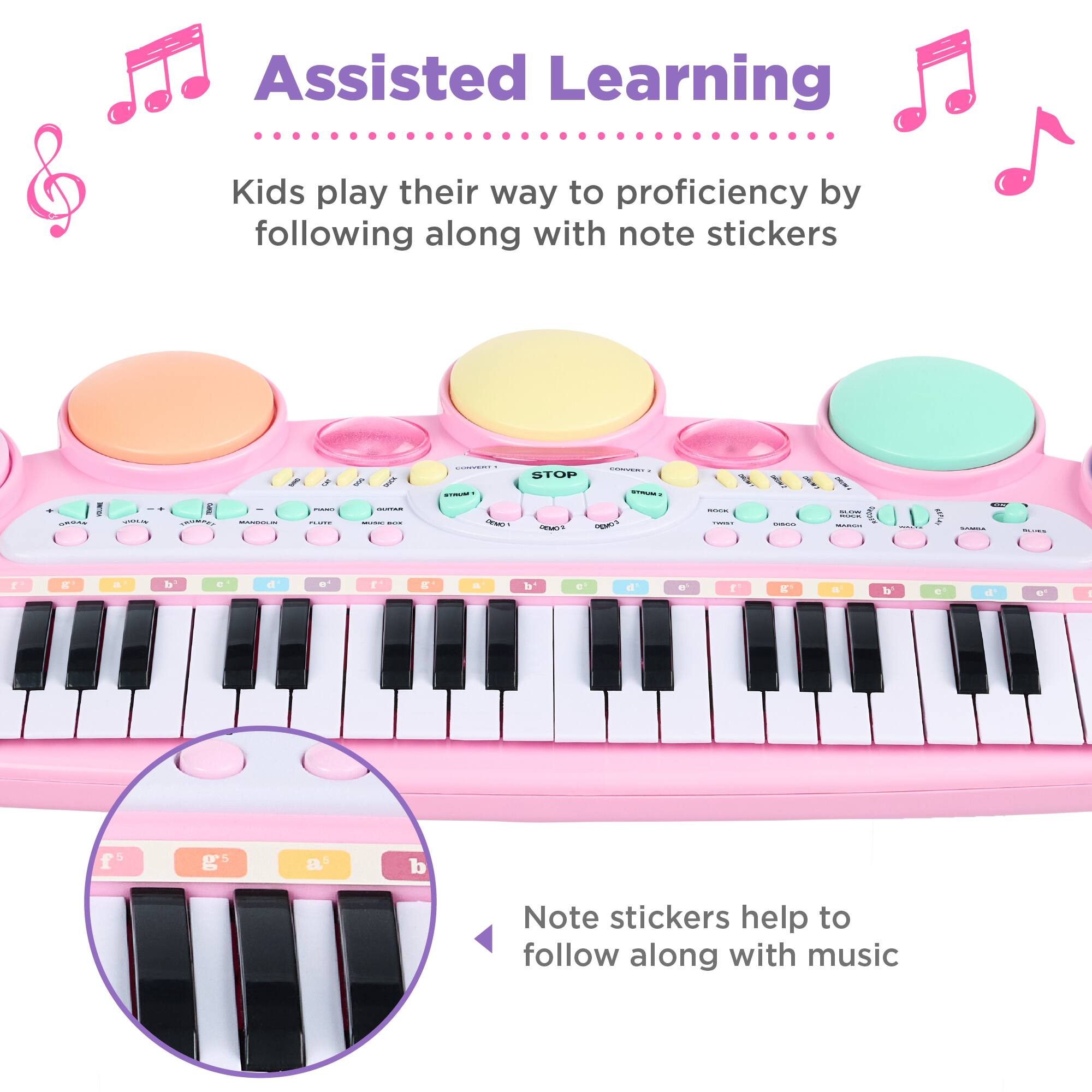 Assisted Learning

Kids play their way to proficiency by following along with note stickers

Note stickers help to follow along with music
