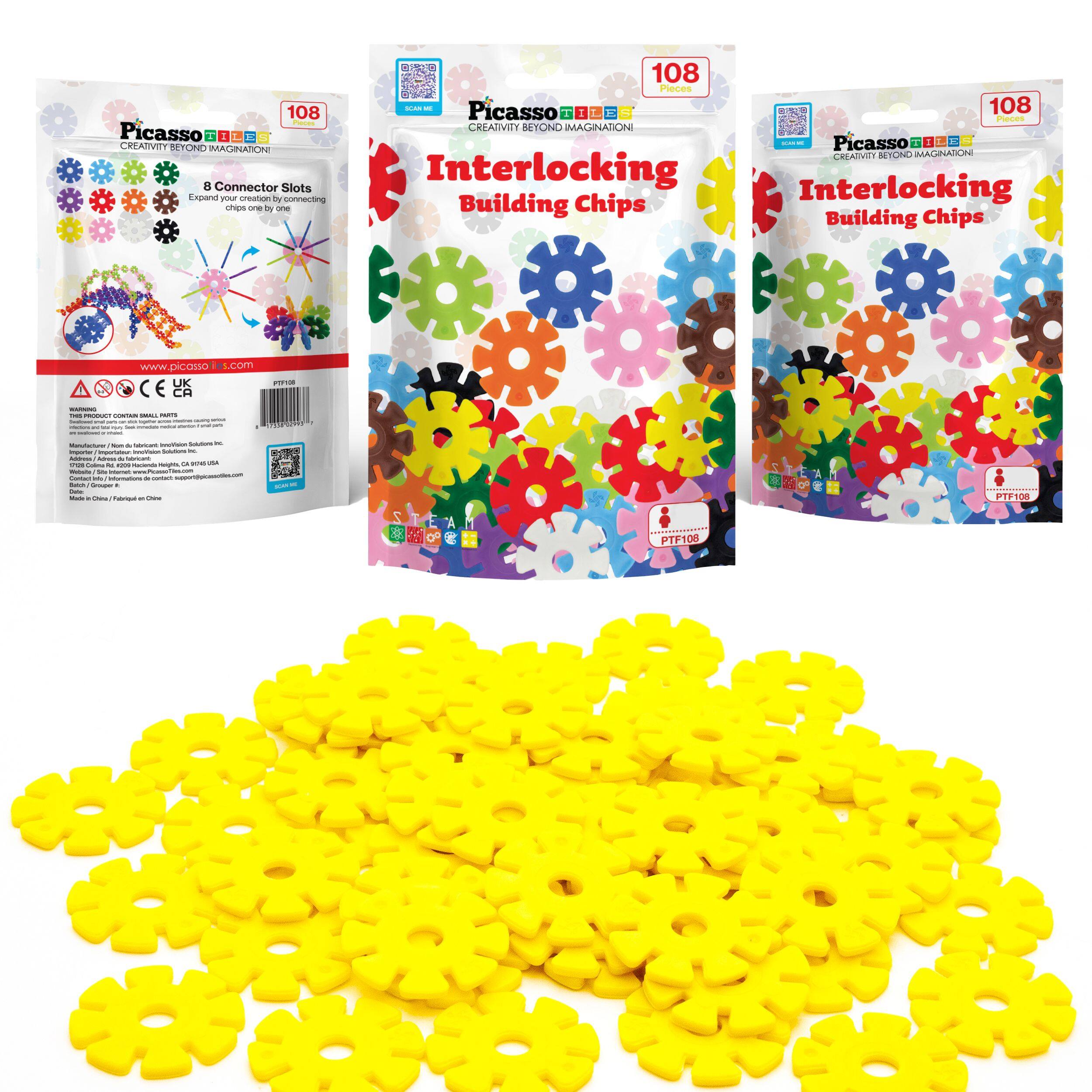 108 | Picasso  
CREATIVITY BEYOND IMAGINATION  
8 Connector Slots  
Expand your creation by connecting chips one by one  

Interlocking Building Chips  

www.picasso161.com  
CE UK  

PTF108  

108 Pieces  

Picasso  
CREATIVITY BEYOND IMAGINATION  
Interlocking Building Chips  

PTF108