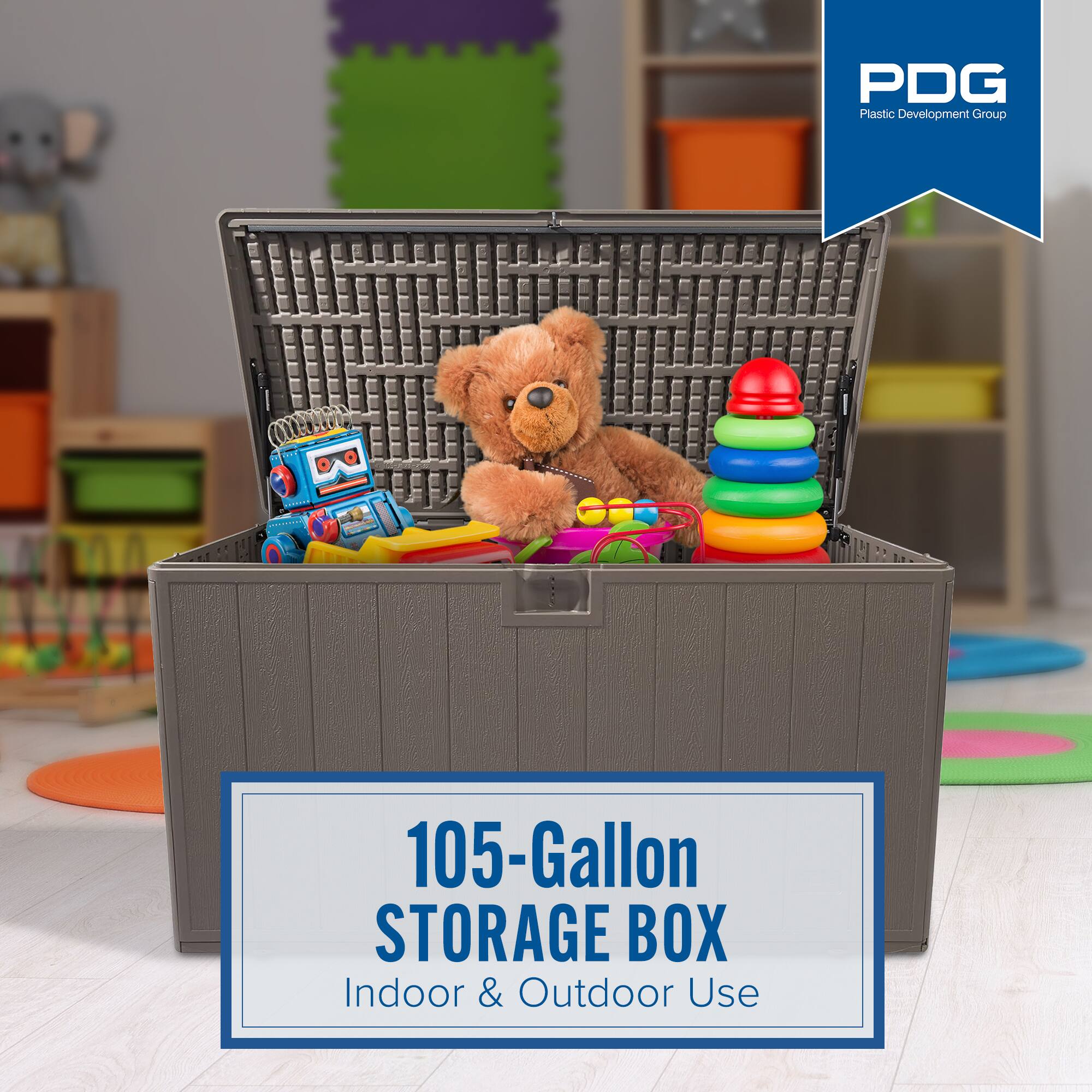 PDG Plastic Development Group

105-Gallon STORAGE BOX
Indoor & Outdoor Use