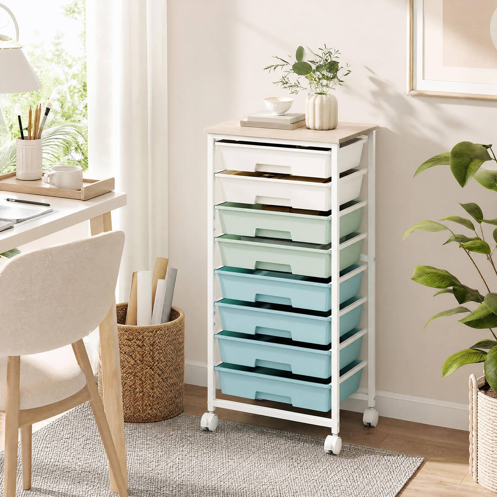 Alt View 1. Costway - Costway 8-Drawer Art & Craft Storage Cart, Storage Cart with 4 Universal Wheels, Metal Frame for Home 15"L - 15"L Green Gradient.