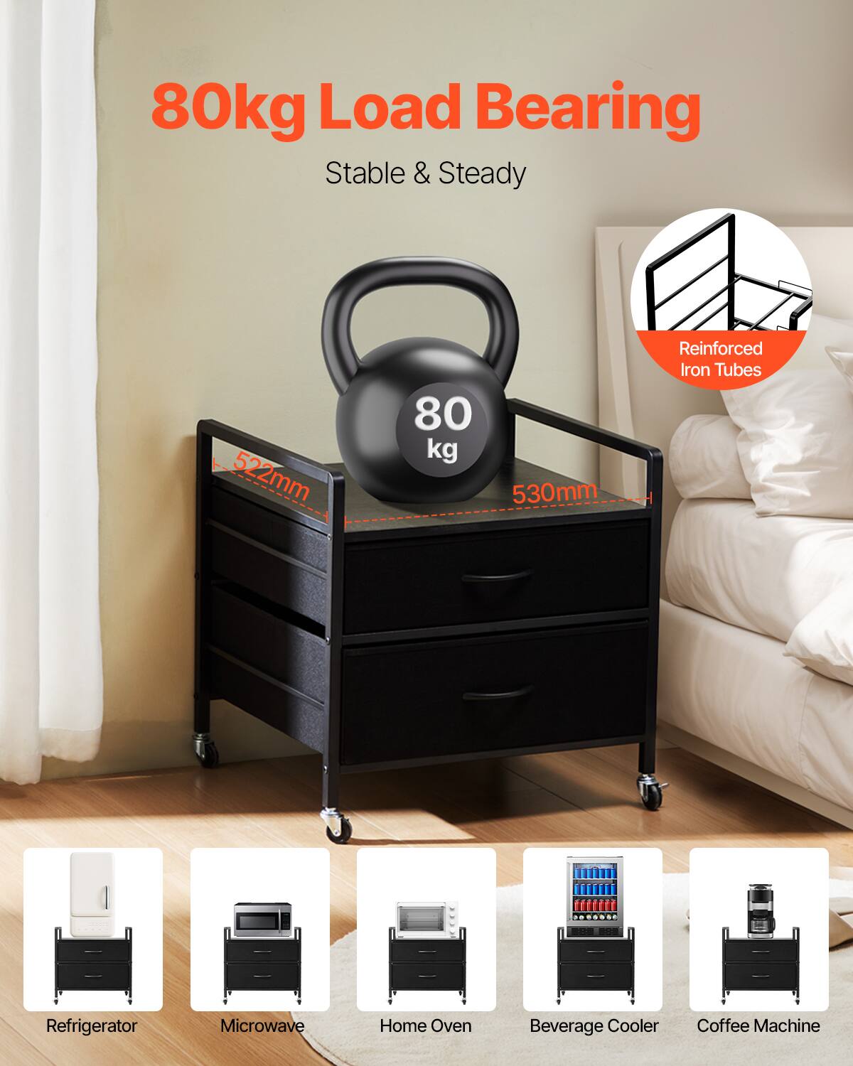 80kg Load Bearing Stable & Steady 522mm 80 kg 530mm Reinforced Iron Tubes Refrigerator Microwave Home Oven Beverage Cooler Coffee Machine