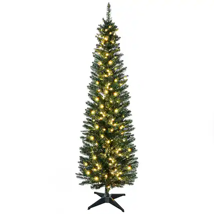 Front. Homcom - Tall Pre-Lit Slim Noble Fir Artificial Pencil Christmas Tree with 200 Warm White LED Lights and 499 Tips - green.