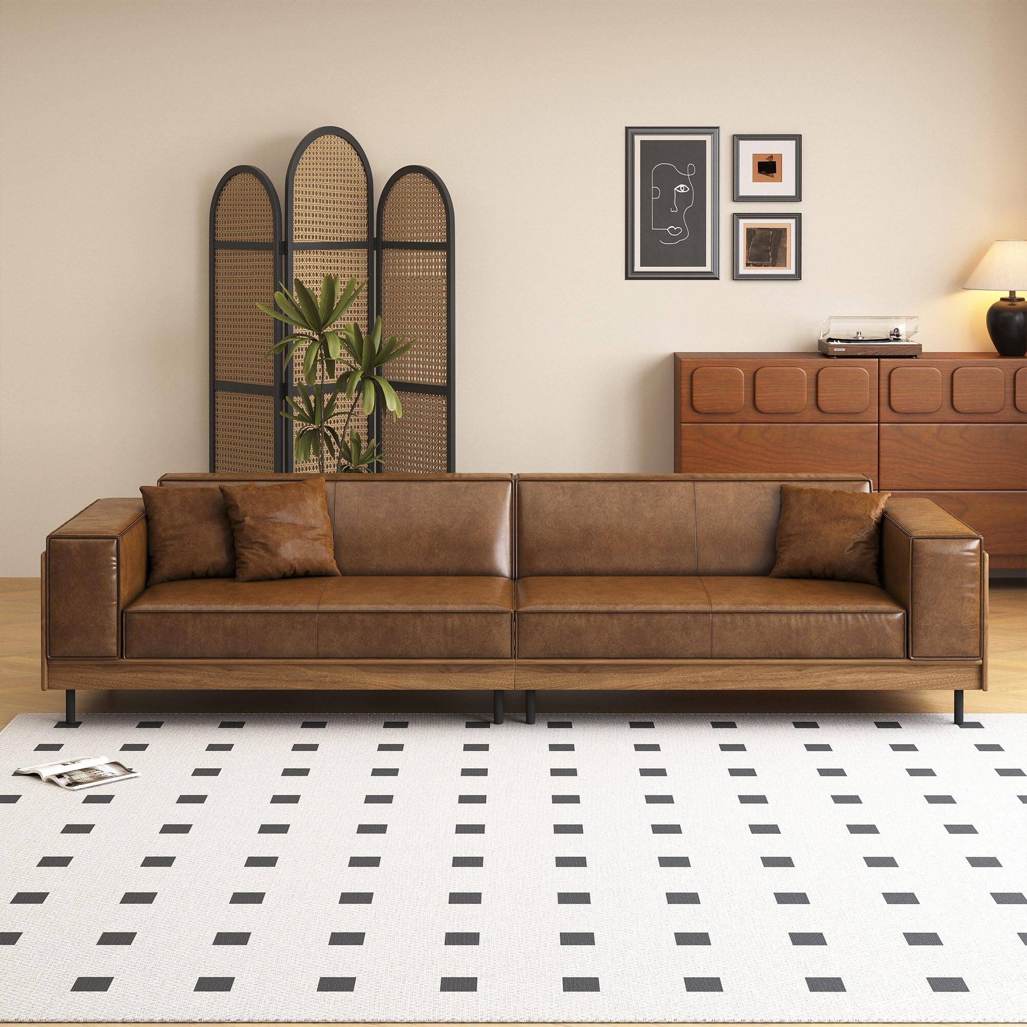 Alt View 8. luck idea - Mid-century Modern Leather Sofa With Wooden Accents, 4-seater Living Room Couch With 3 Throw Pillows - Brown.