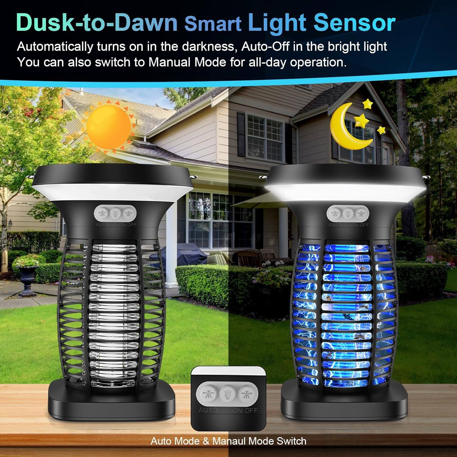 Dusk-to-Dawn Smart Light Sensor  
Automatically turns on in the darkness, Auto-Off in the bright light  
You can also switch to Manual Mode for all-day operation.  

AUTO ON OFF  
AUTO ON OFF  

Auto Mode & Manual Mode Switch