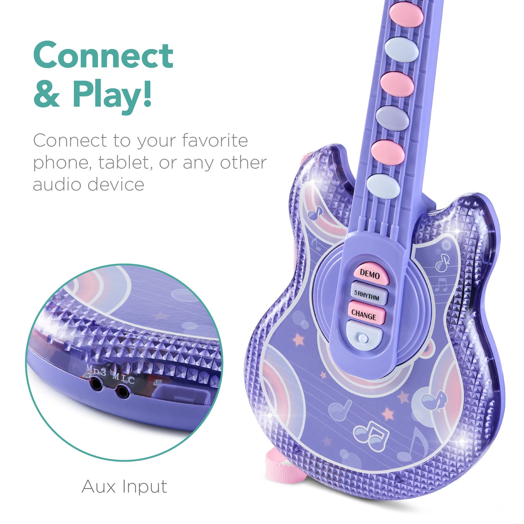 Connect & Play!  
Connect to your favorite phone, tablet, or any other audio device

DEMO  
RHYTHM  
CHANGE

Aux Input