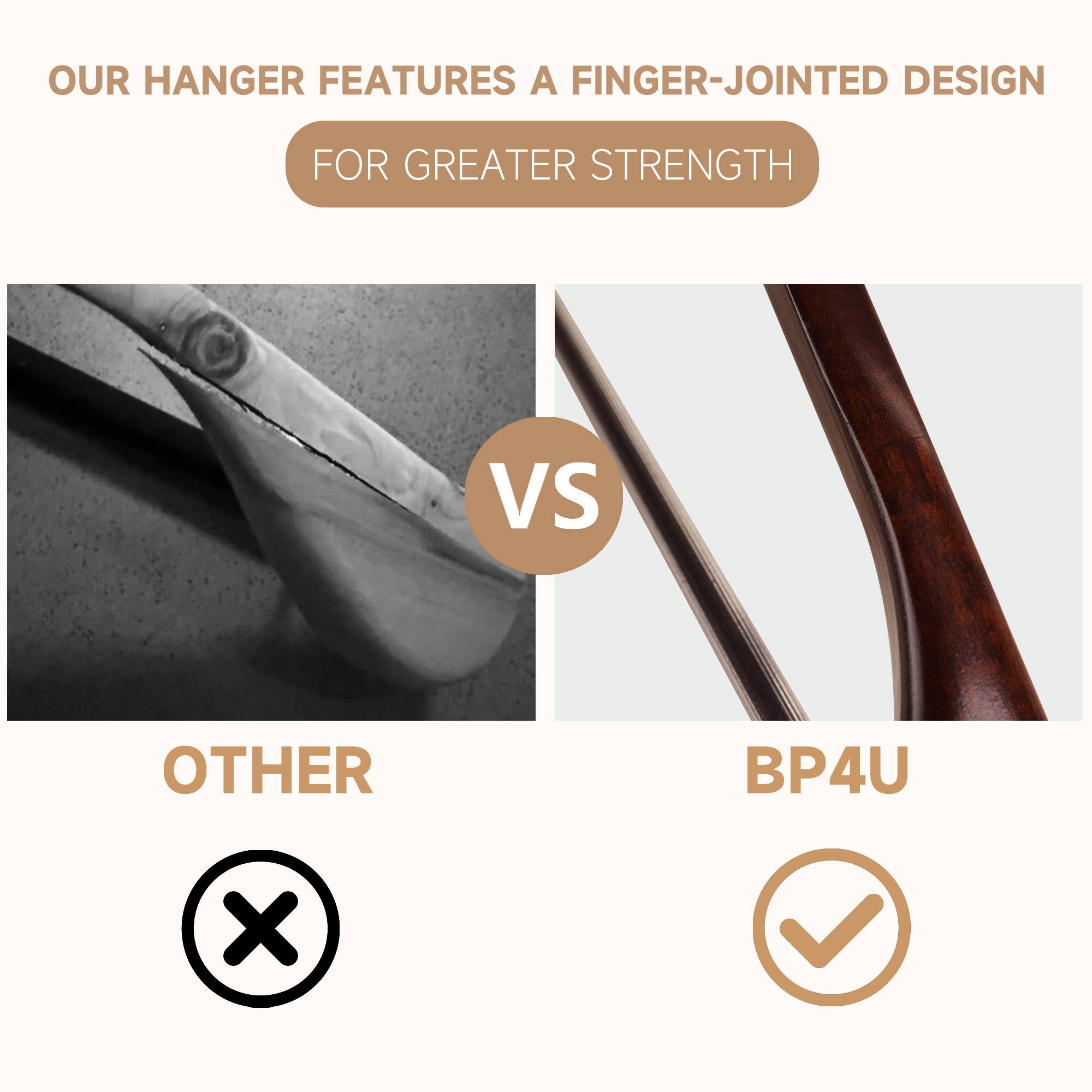 OUR HANGER FEATURES A FINGER-JOINTED DESIGN FOR GREATER STRENGTH

VS

OTHER BP4U
