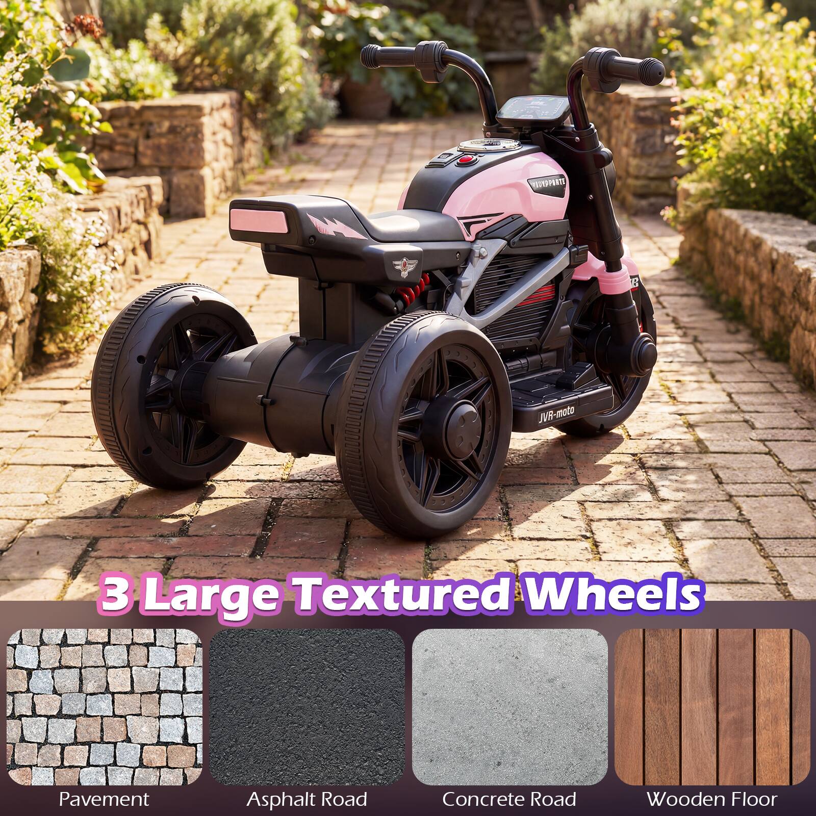 3 Large Textured Wheels

Pavement  
Asphalt Road  
Concrete Road  
Wooden Floor
