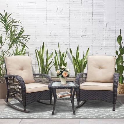 Front. Ecooso - 3-Piece Wicker Patio Conversation Set with Rocking Chairs and Glass Top Table - Brown.