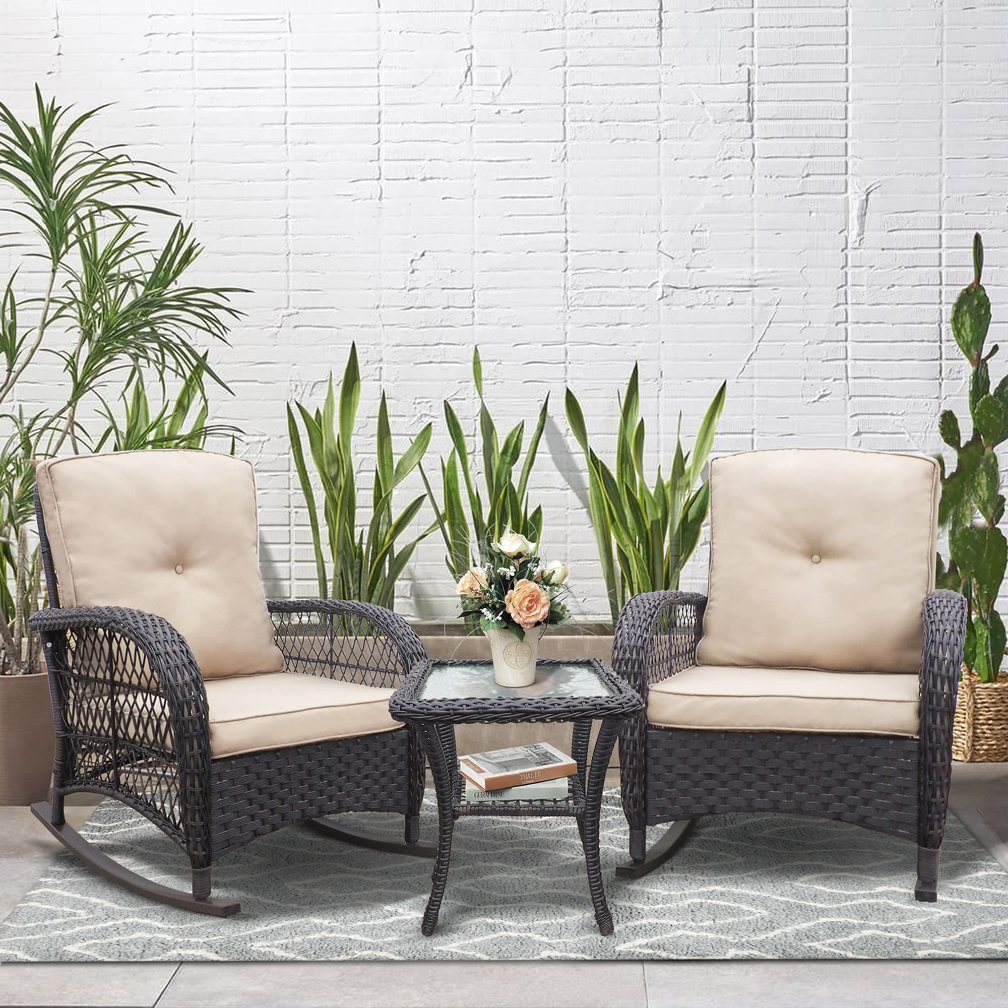 Front. Ecooso - 3-Piece Wicker Patio Conversation Set with Rocking Chairs and Glass Top Table - Brown.