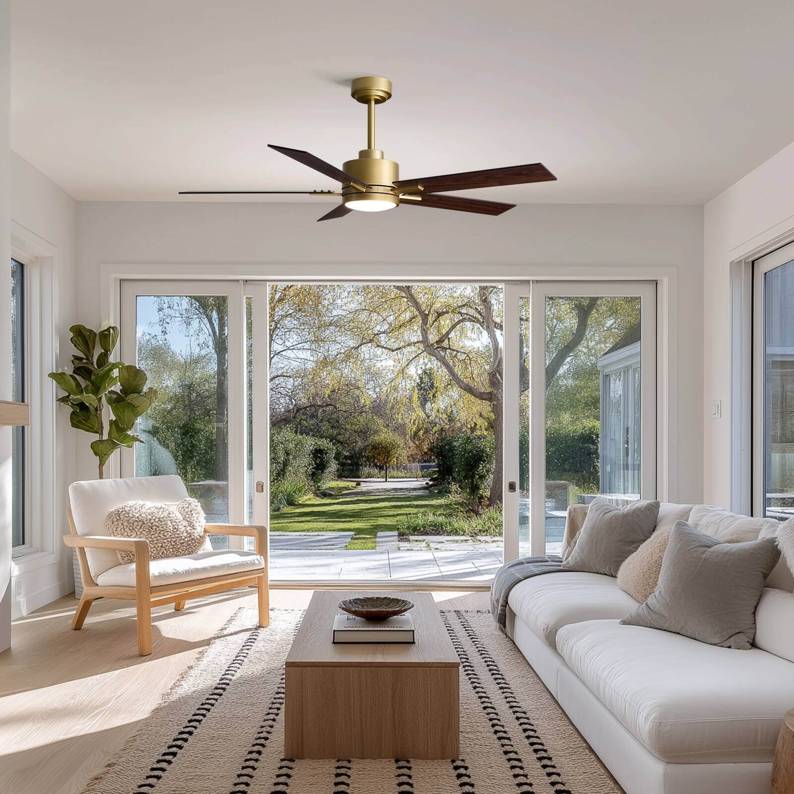 Angle. Siljoy - 52" Modern Indoor Ceiling Fan with LED Light, 5 Reversible Blades, 6-Speed DC Motor, Remote Control and Timer Function - Brushed Gold.
