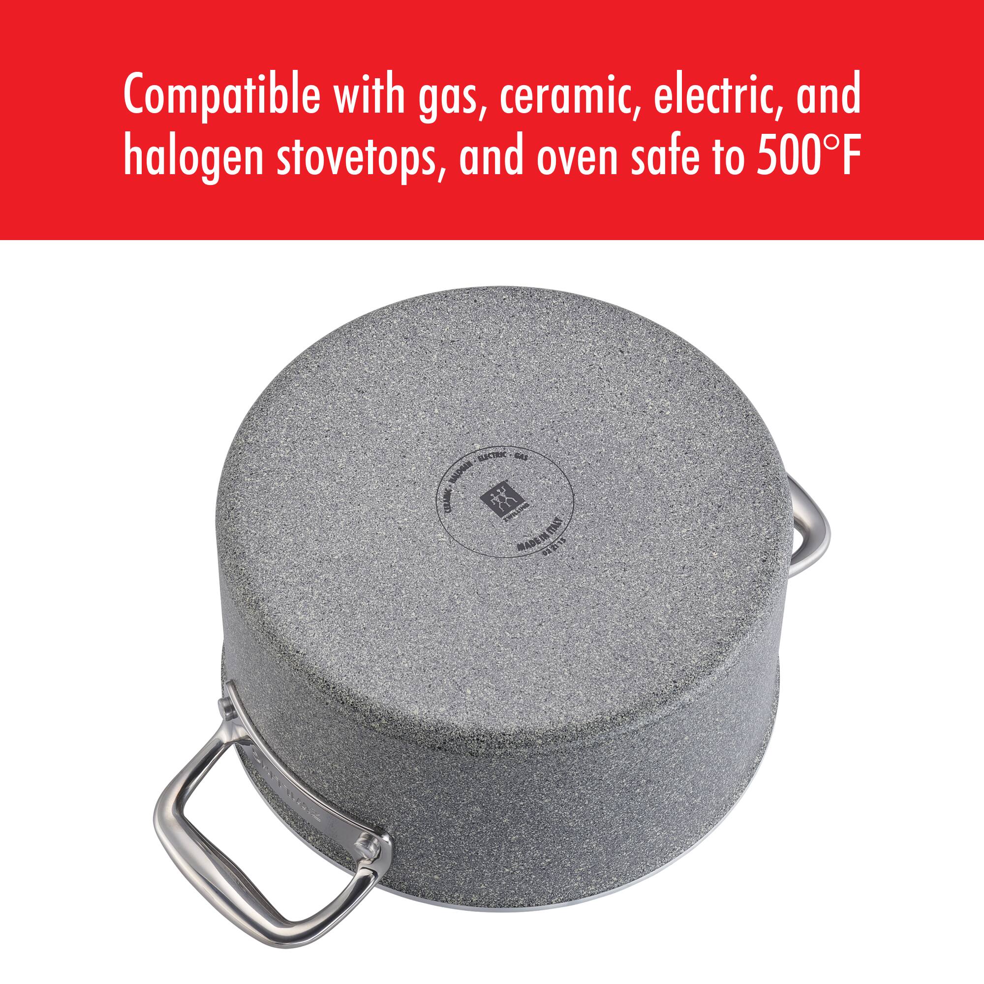 Compatible with gas, ceramic, electric, and halogen stovetops, and oven safe to 500°F