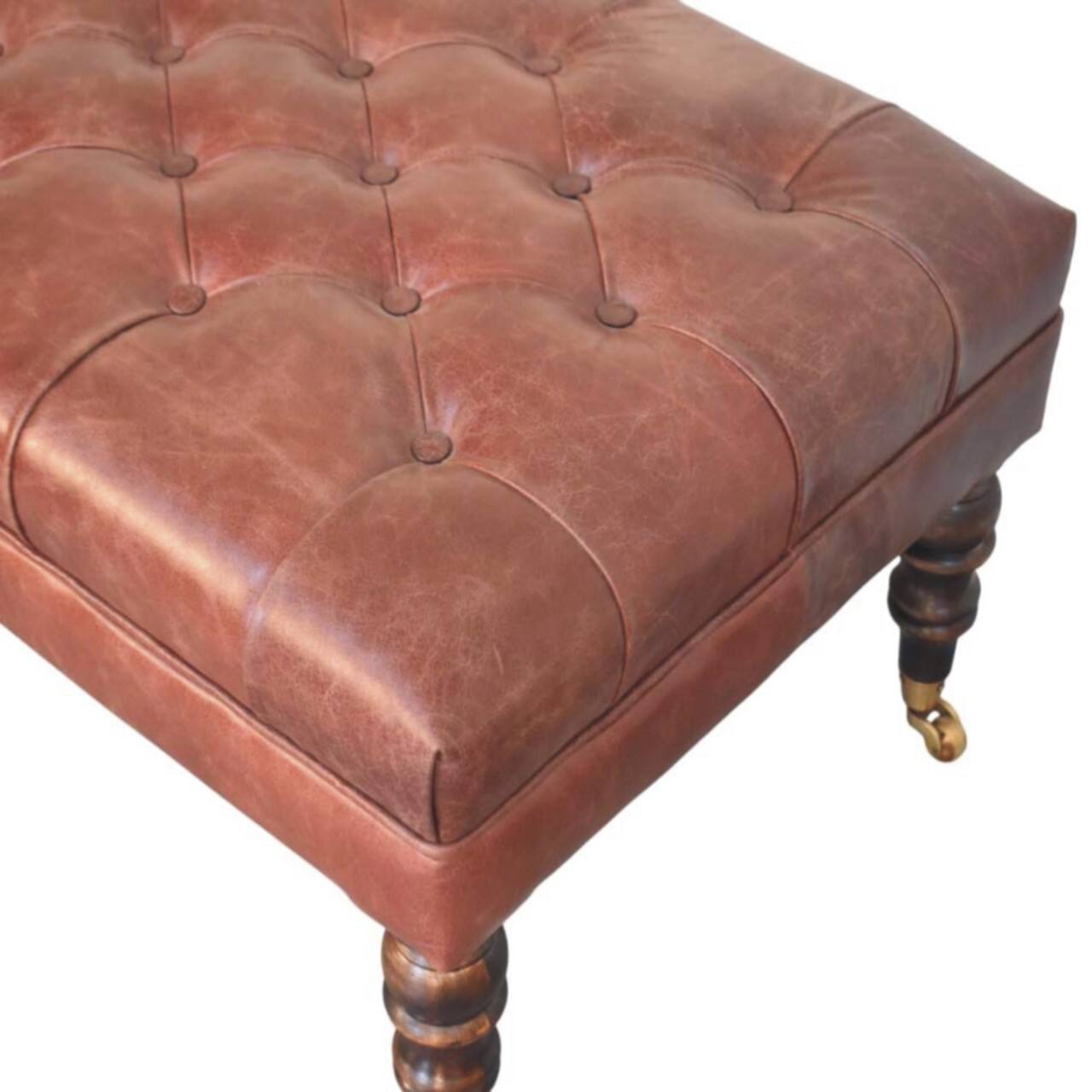Alt View 2. Artisan Furniture - Artisan Furniture Solid Wood Buffalo Brown Leather Ottoman with Castor Legs, Upholstered - Brown.