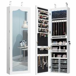 Gymax - Wall Door Mounted Jewelry Cabinet Organizer LED Mirror - White