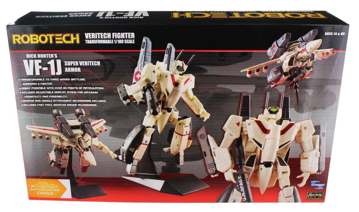 ROBOTECH  
VERITECH FIGHTER  
TRANSFORMABLE 1/100 SCALE  
AGES 14 & UP  

RICK HUNTER'S SUPER VERITECH VF-1J ARMOR  
TRANSFORMABLE TO THREE MODES: BATTLOID, GUARDIAN & FIGHTER  
HIGHLY POSEABLE WITH OVER 30 POINTS OF ARTICULATION  
INCLUDES ROBOTECH DISPLAY STAND FOR MAXIMUM VERSATILITY AND POSEABILITY  
GUNPOD AND MISSILE ATTACHMENT ACCESSORIES INCLUDED  
INCLUDES FAST PACK BOOSTER ARMOR ACCESSORIES  

HOW STREAMING FREE  
CRACKLE  

U.N. SPACY  
Tovnami Hor D
