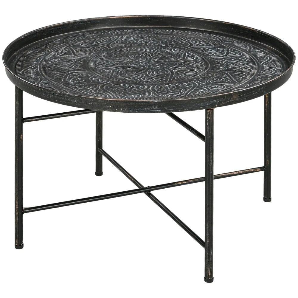 Front. Kadyn - Center Coffee Table, Living Room Table,24" Round Center Table with Hammered Tray Top and Metal Frame for Bedroom, Pewter - Black.