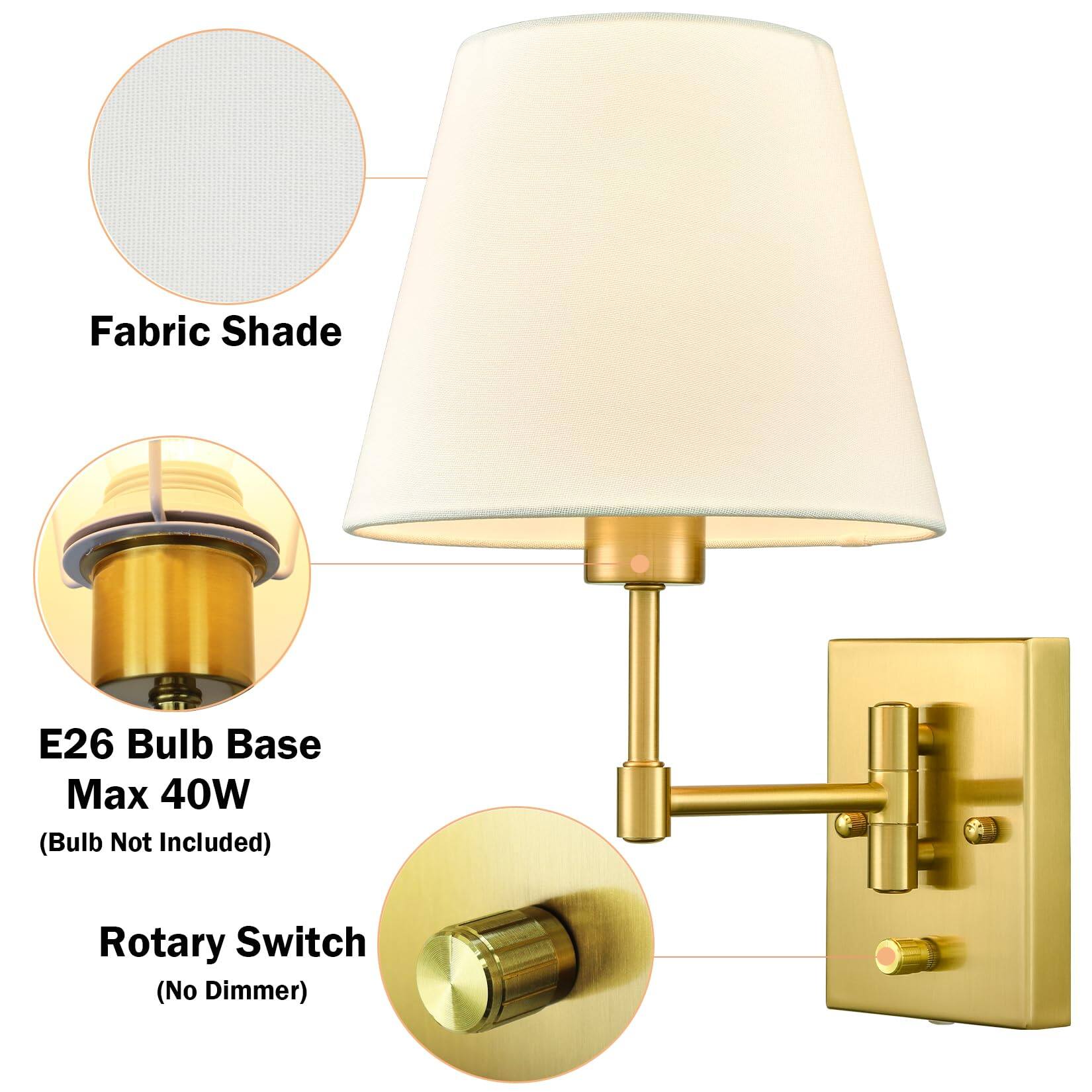 Fabric Shade

E26 Bulb Base  
Max 40W  
(Bulb Not Included)

Rotary Switch  
(No Dimmer)