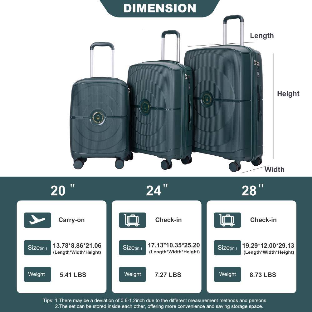 **DIMENSION**

- **20" Carry-on**
  - Size (in.): 13.78" x 8.86" x 21.06" (Length x Width x Height)
  - Weight: 5.41 LBS

- **24" Check-in**
  - Size (in.): 17.13" x 10.35" x 25.20" (Length x Width x Height)
  - Weight: 7.27 LBS

- **28" Check-in**
  - Size (in.): 19.29" x 12.00" x 29.13" (Length x Width x Height)
  - Weight: 8.73 LBS

**Tips:**
1. There may be a deviation of 0.8-1.2 inch due to different measurement methods and persons.
2. The set can be stored inside each other, offering more convenience and saving storage space.