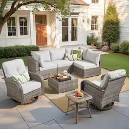 Ovios - 8 PCS Patio Furniture Sofa Set Wicker Sofa Couch with Swivel Chair, Coffee Table & Side Table - Gray