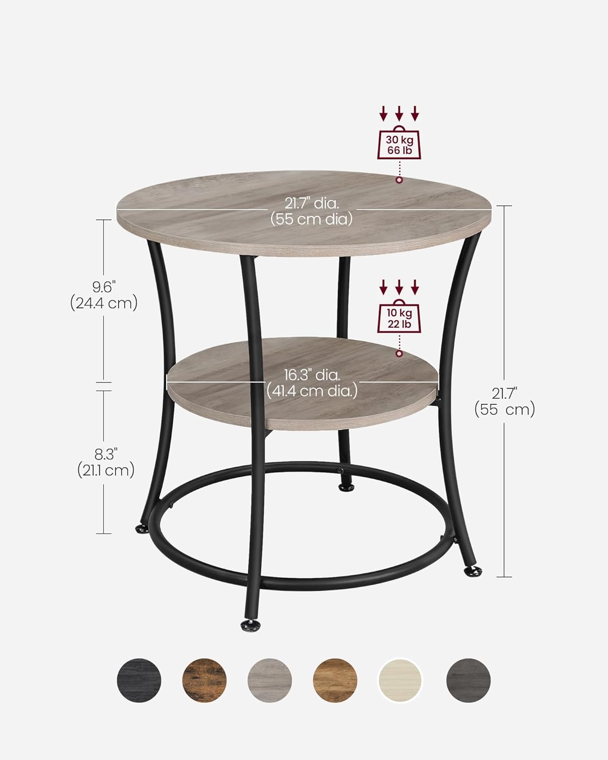 30 kg (66 lb)  
21.7" dia. (55 cm dia)  
9.6" (24.4 cm)  
10 kg (22 lb)  
16.3" dia. (41.4 cm dia.)  
8.3" (21.1 cm)  
21.7" (55 cm)