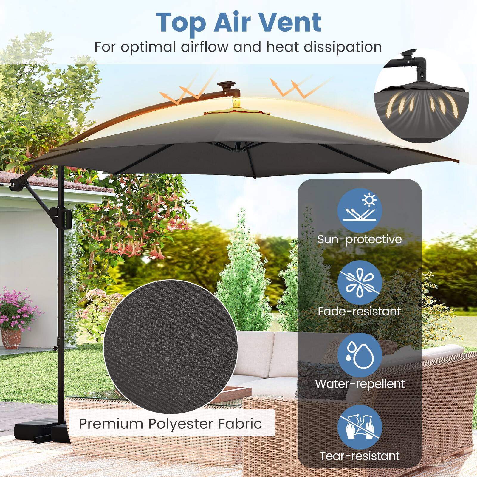 Top Air Vent  
For optimal airflow and heat dissipation  

Premium Polyester Fabric  

Sun-protective  
Fade-resistant  
Water-repellent  
Tear-resistant
