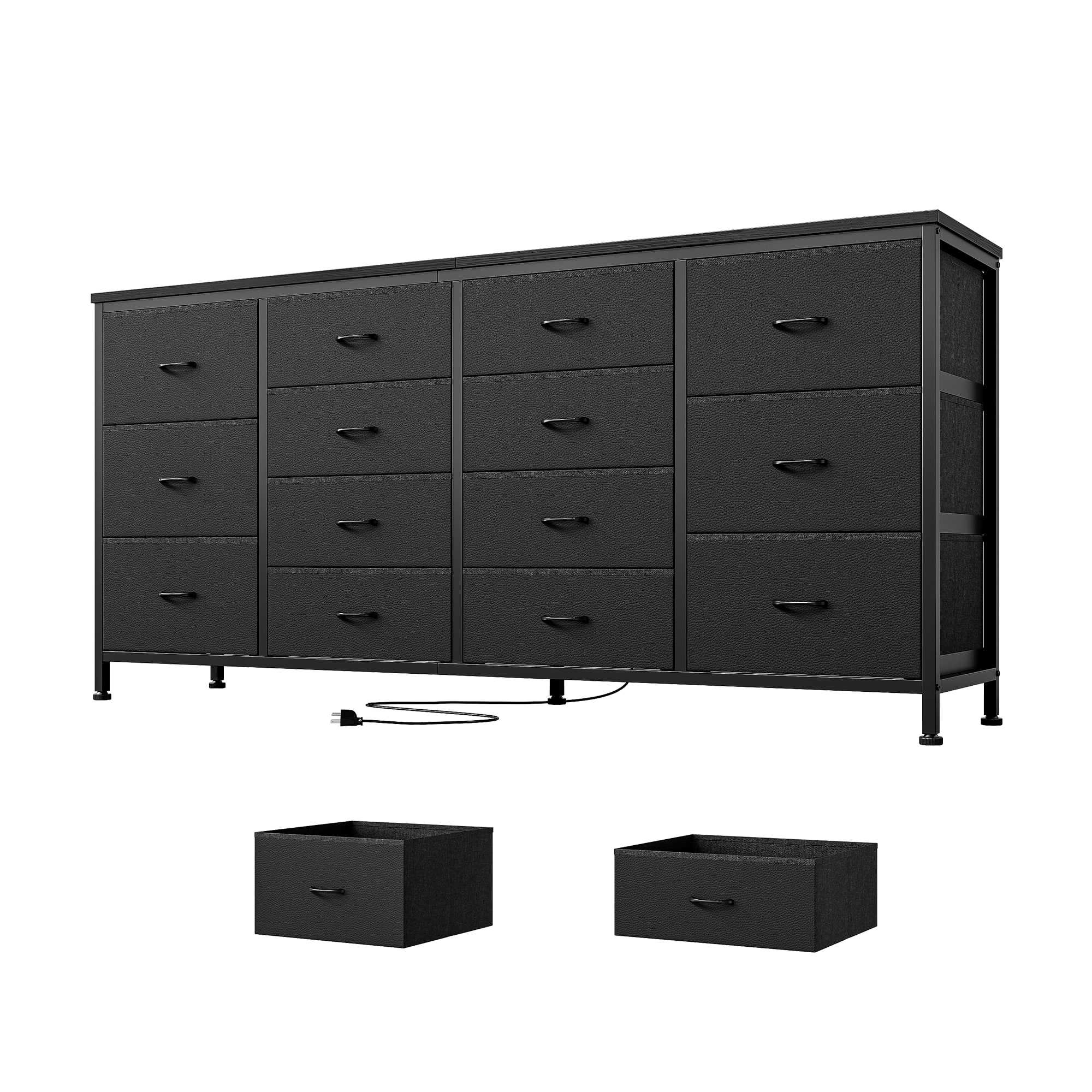 GARVEE - 14 Drawer Dresser, 63 Fabric Dresser TV Stand with Power Outlet for 65 70 75 in TV, Long Entertainment Center - Black