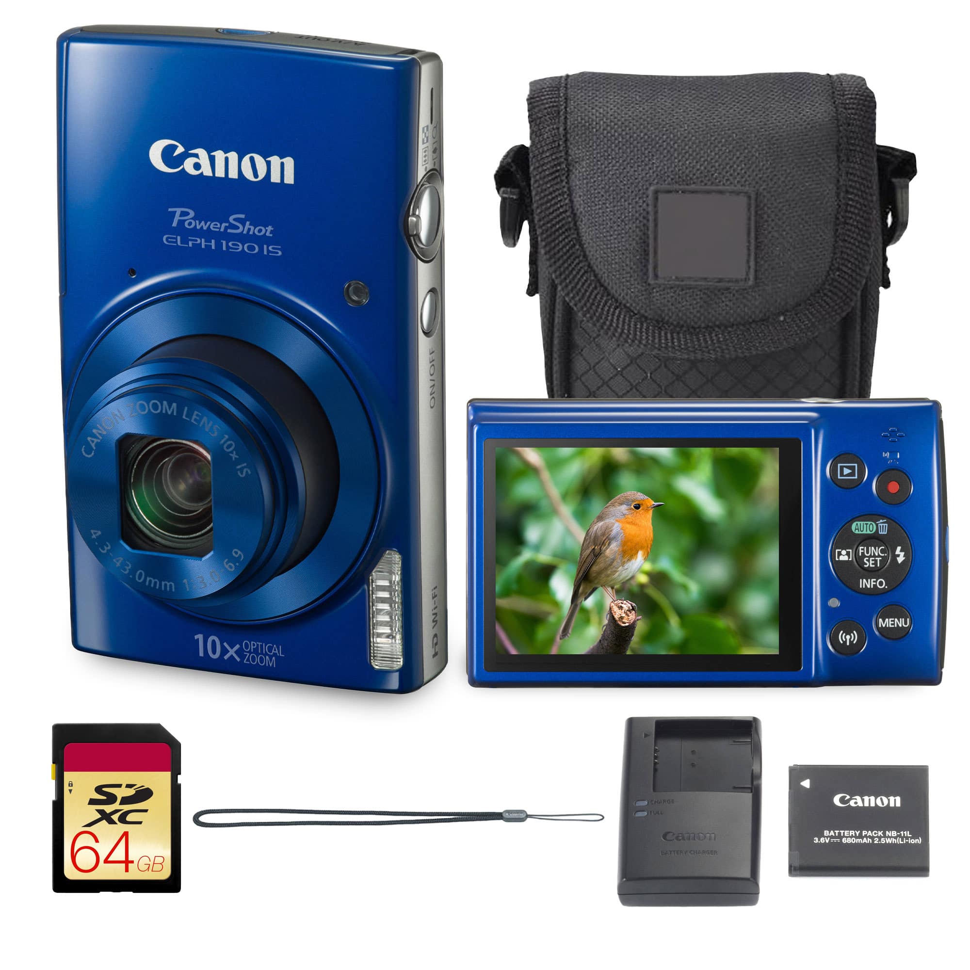 Canon - PowerShot ELPH 190 Digital Camera Blue Compact Zoom Bundle