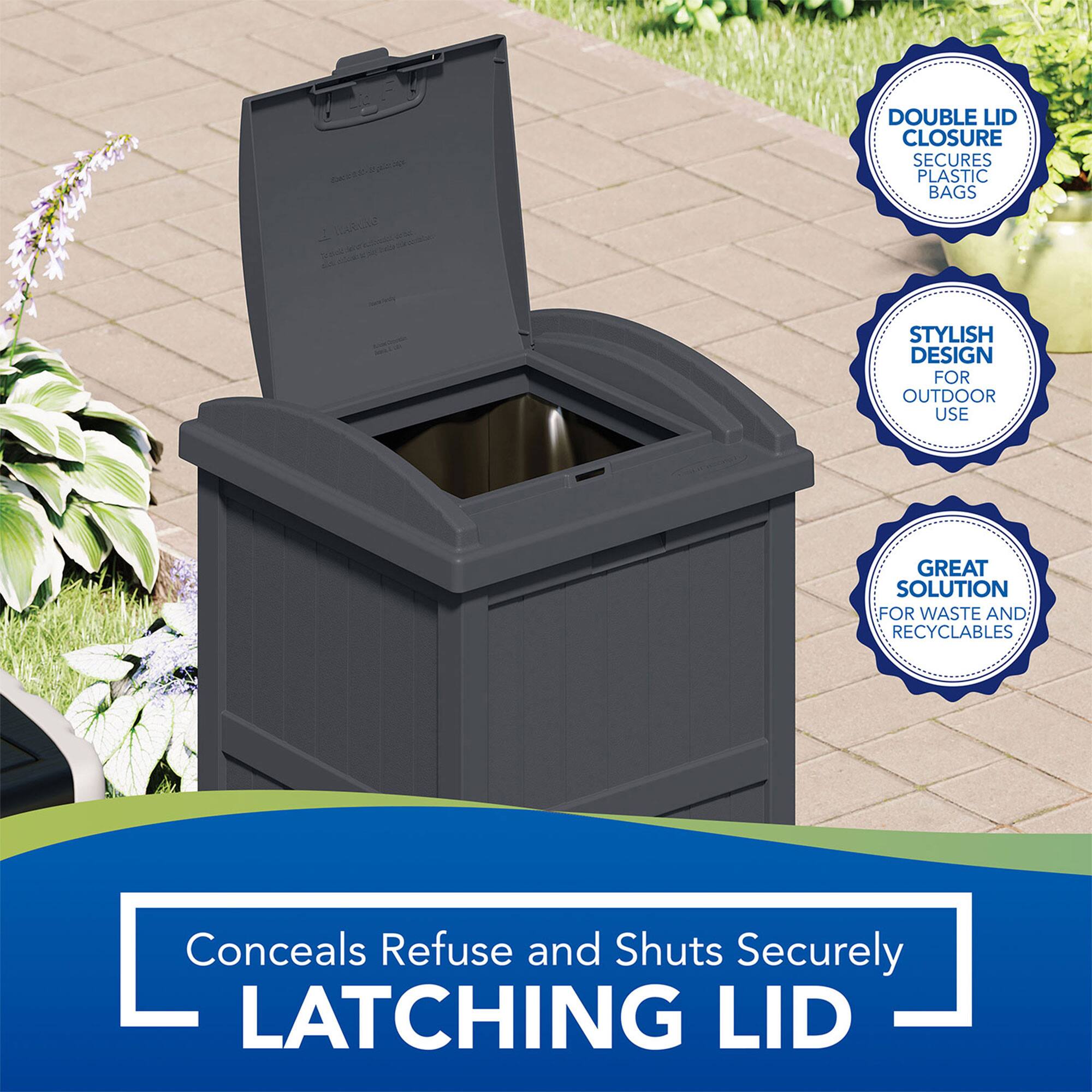 - Double Lid Closure Secures Plastic Bags
- Stylish Design for Outdoor Use
- Great Solution for Waste and Recyclables
- Conceals Refuse and Shuts Securely Latching Lid