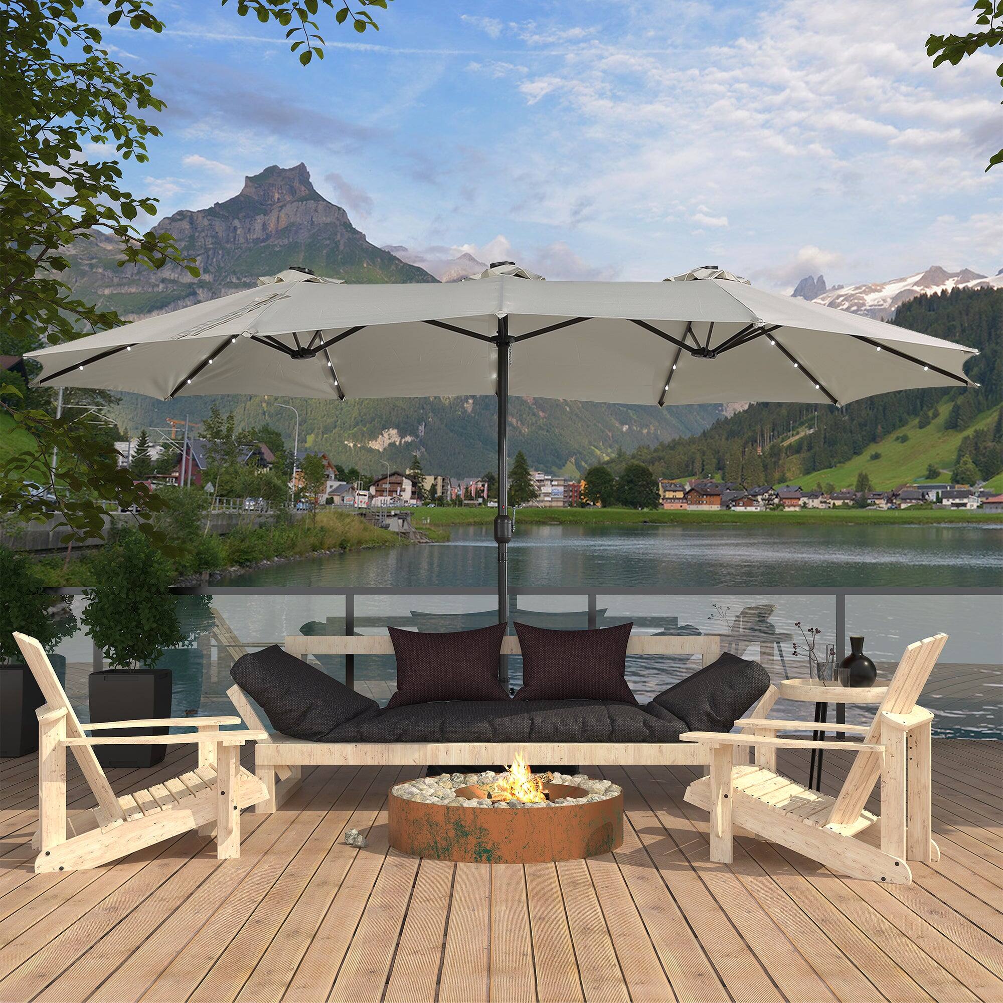 Alt View 3. Boyel Living - 15 FT Extra Large Double Sided Patio Umbrella with Base and Solar LED - Beige.