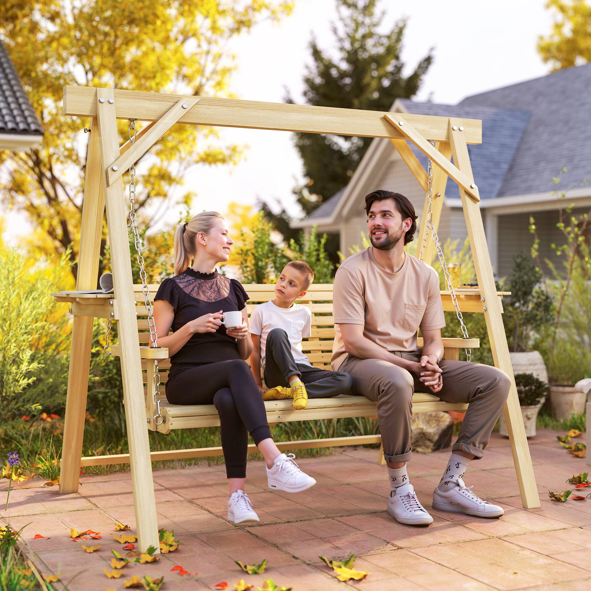 Alt View 1. Outsunny - Seat Wooden Porch Swing with Stand, Patio Swing with Side Tables, for Garden, Poolside, Backyard - Natural Wood.