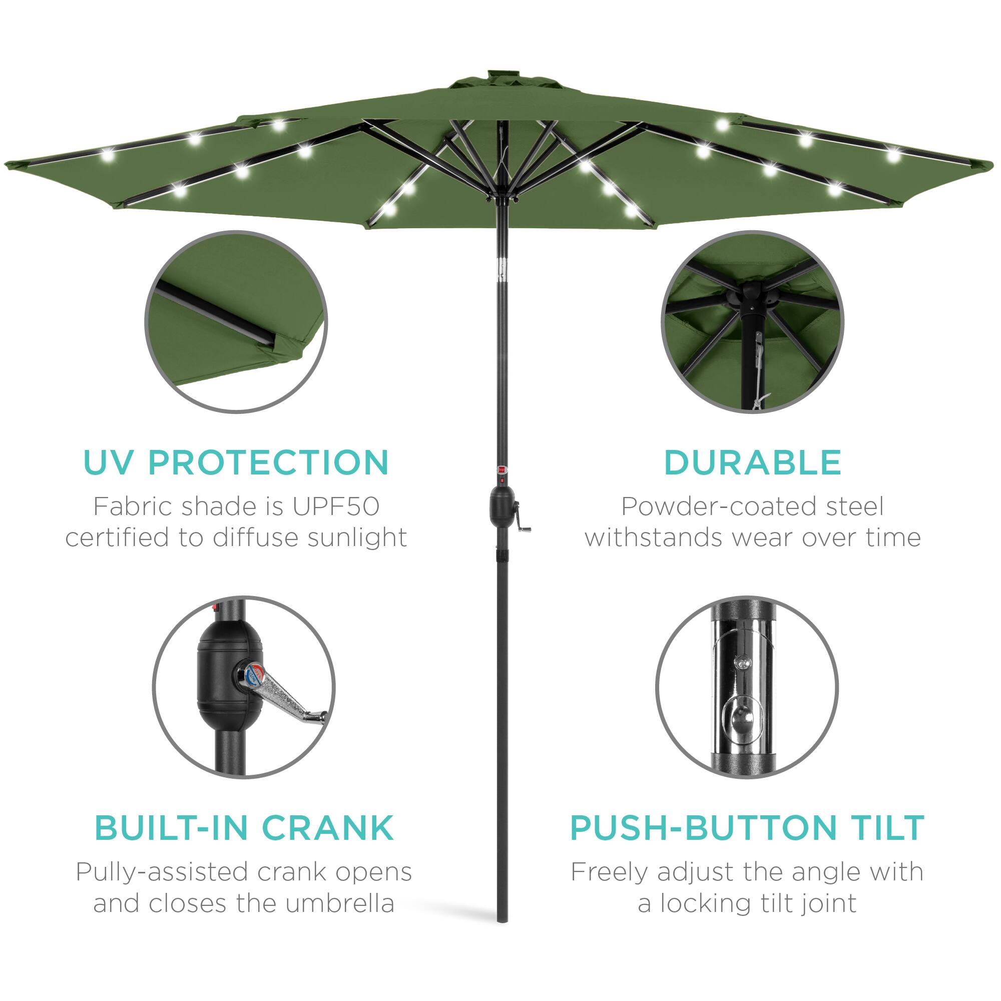 UV PROTECTION  
Fabric shade is UPF50 certified to diffuse sunlight  

DURABLE  
Powder-coated steel withstands wear over time  

BUILT-IN CRANK  
Pully-assisted crank opens and closes the umbrella  

PUSH-BUTTON TILT  
Freely adjust the angle with a locking tilt joint