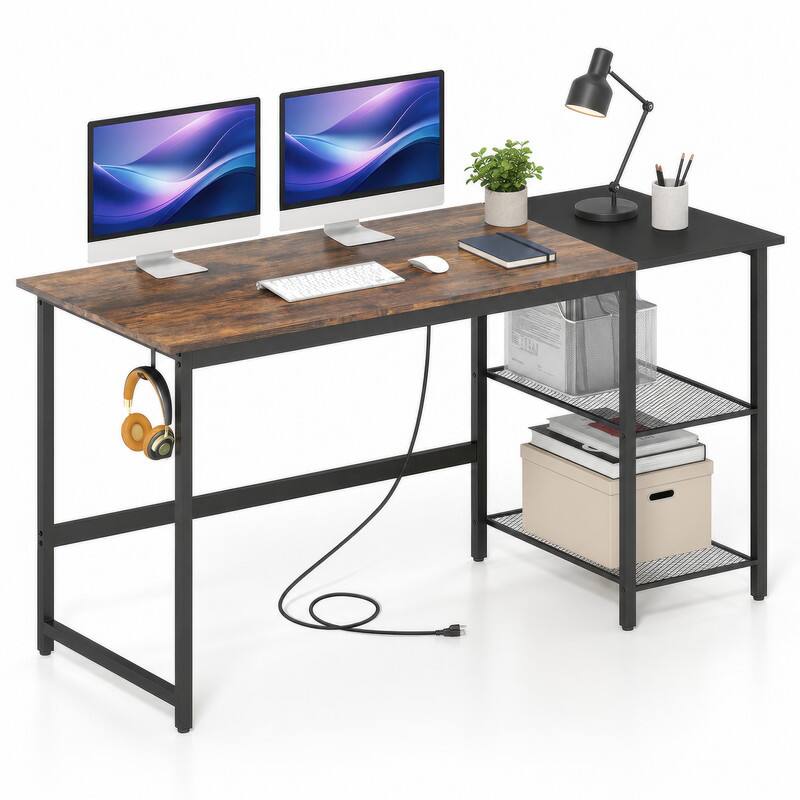 Angle. WELLFOR - 59" Industrial Computer Desk with Storage Shelves & Charging Station, Home Office Desk Gaming Desk - Rustic Brown.