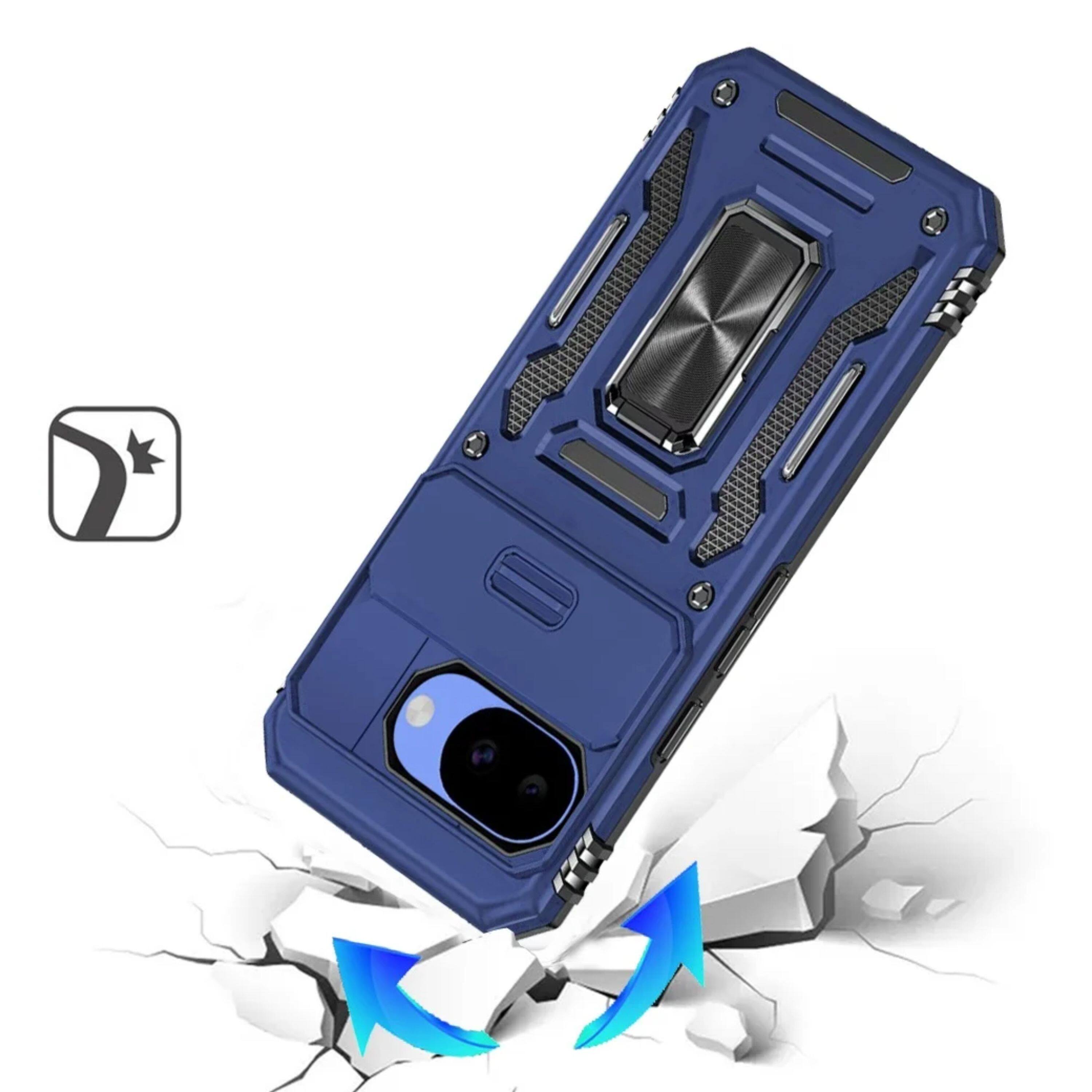 Left. Kitcheniva - Shockproof Camera Lens Sliding Cover Magnetic Ring Stand Phone Case With Tempered Glass For Google Pixel 10a Navy blue - Navy blue.
