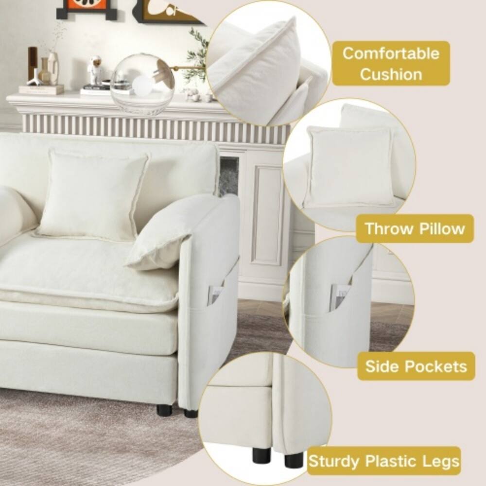 Comfortable Cushion  
Throw Pillow  
Side Pockets  
Sturdy Plastic Legs