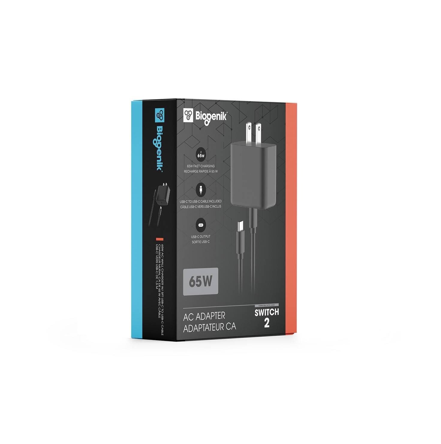 Biogenik Biogenik 65w - a FAST CHARGING PC I W I Loa to L INCLUCK cisI Une-C VO NN C NCUUS : : C_ | ! | ! mO. :  ! adae e C LB usec OUTPUT SORTE LO C 65W AC ADAPTER ADAPTATEUR CA SWITCH 2