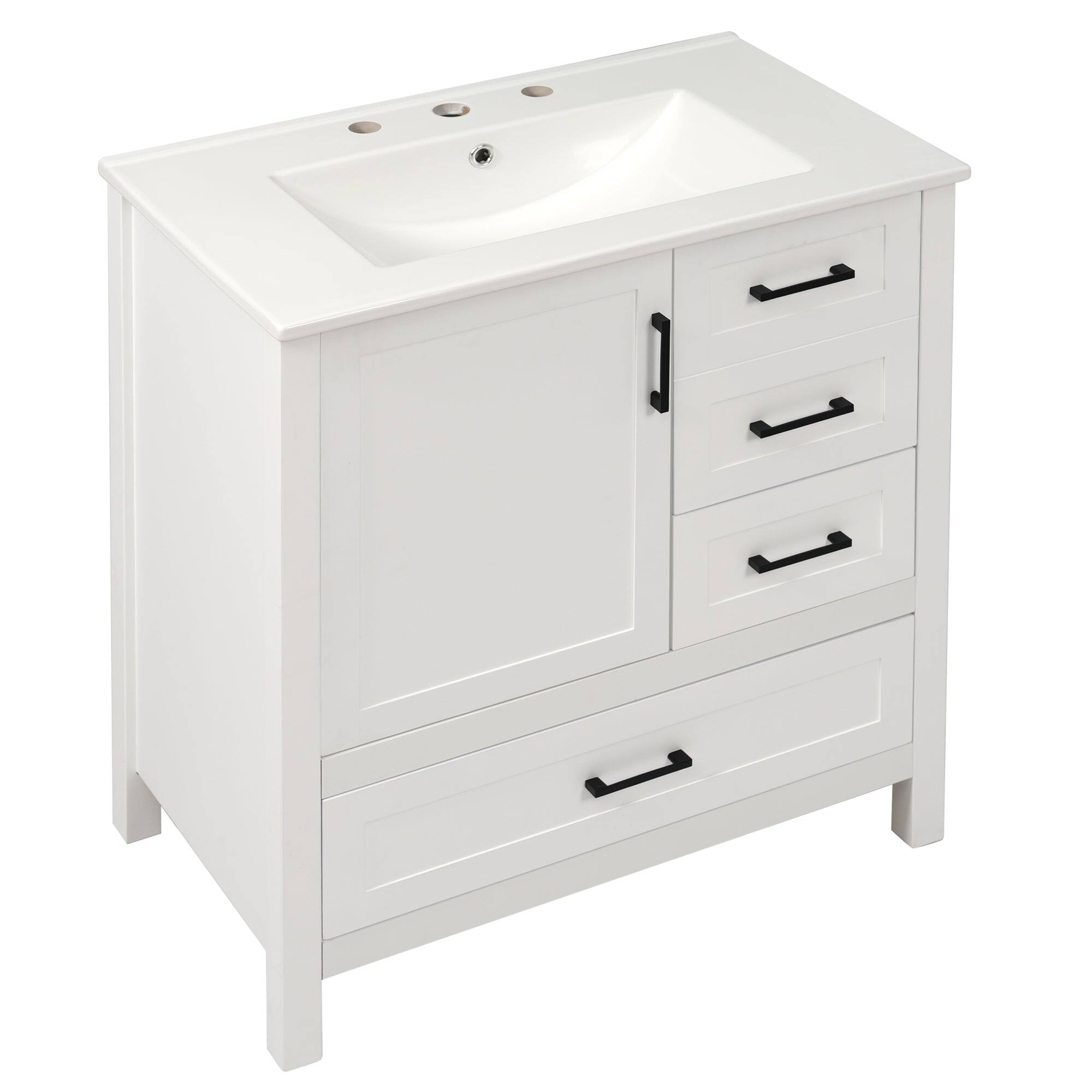 Angle. Boyel Living - 30 Inch White Bathroom Vanity with Ceramic Sink Soft Close Storage and Solid Wood Frame - White.