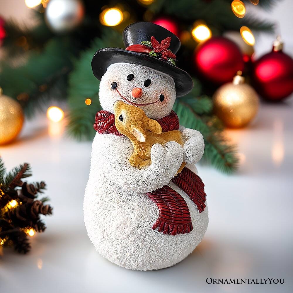 Back. OrnamentallyYou - Enchanting Snowman and Fawn Home Holiday Decoration, 8" Tall Winter Woodland Deer Figurine - White.