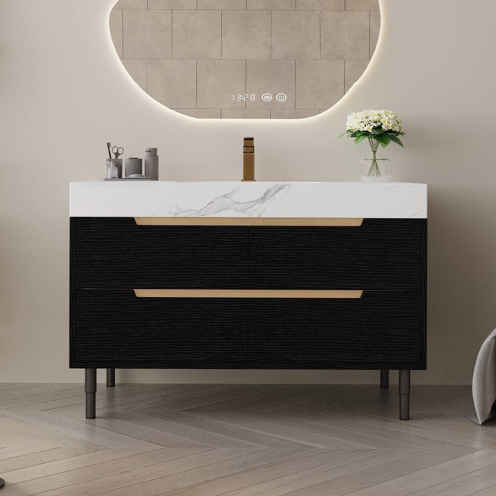 Back. Loheer - Loheer 35.4 inch modern bathroom vanity with undermount sink, Sintered Stone Top, 4 Drawers, Black - Black, White.