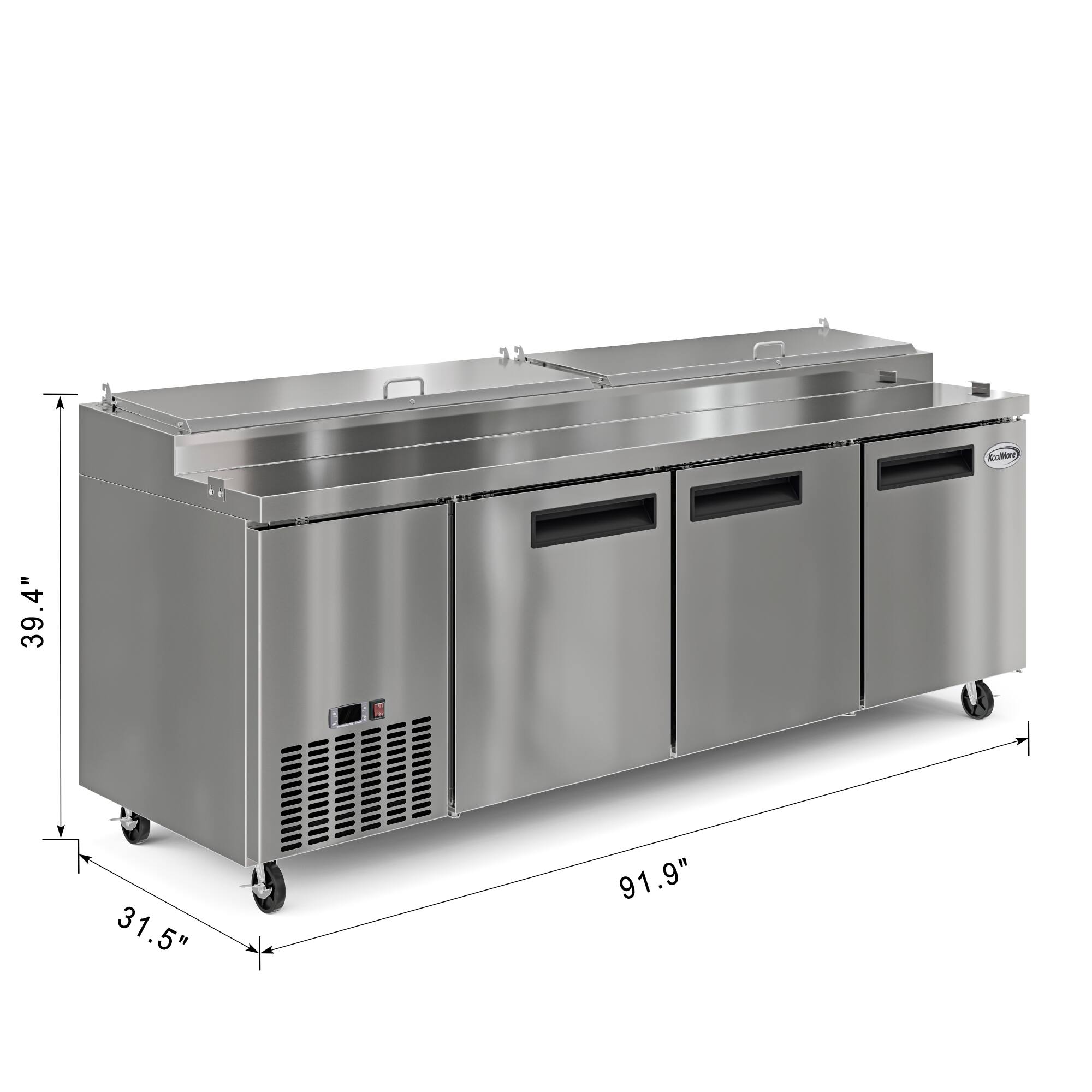 The text on the image reads "C 39.4" D 31.5" 91.9". This indicates that the dimensions of the stainless steel appliance are 39.4 inches in width, 31.5 inches in height, and 91.9 inches in length.
