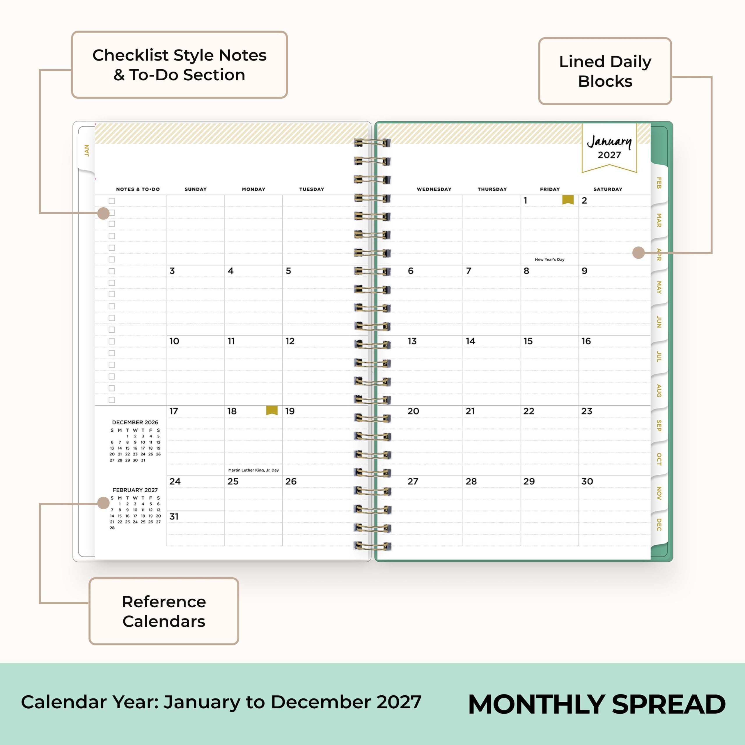 Checklist Style Notes & To-Do Section

Lined Daily Blocks

JAN

NOTES & TO-DO

SUNDAY 3 10 17 DECEMBER 2026 5 x : N I F I A : 1  7 1 . 1 4 & TA 1 1 = 9 R 27 21 a R k 24

FEBRUARY 2027 I x : N 1 , ! - : : 6 : 6 7 a 2 9 1 9 4 . 4 8 9 4 9 in 31 2 a = = 20

MONDAY 4 11 18

TUESDAY 5 12 19 26

WEDNESDAY 6 13 20 27

THURSDAY 7 14 21 28

FRIDAY 1 NY - Day 8 15 22 29

January 2027 SATURDAY 2 9 16 23 30

FEB MAR ADD