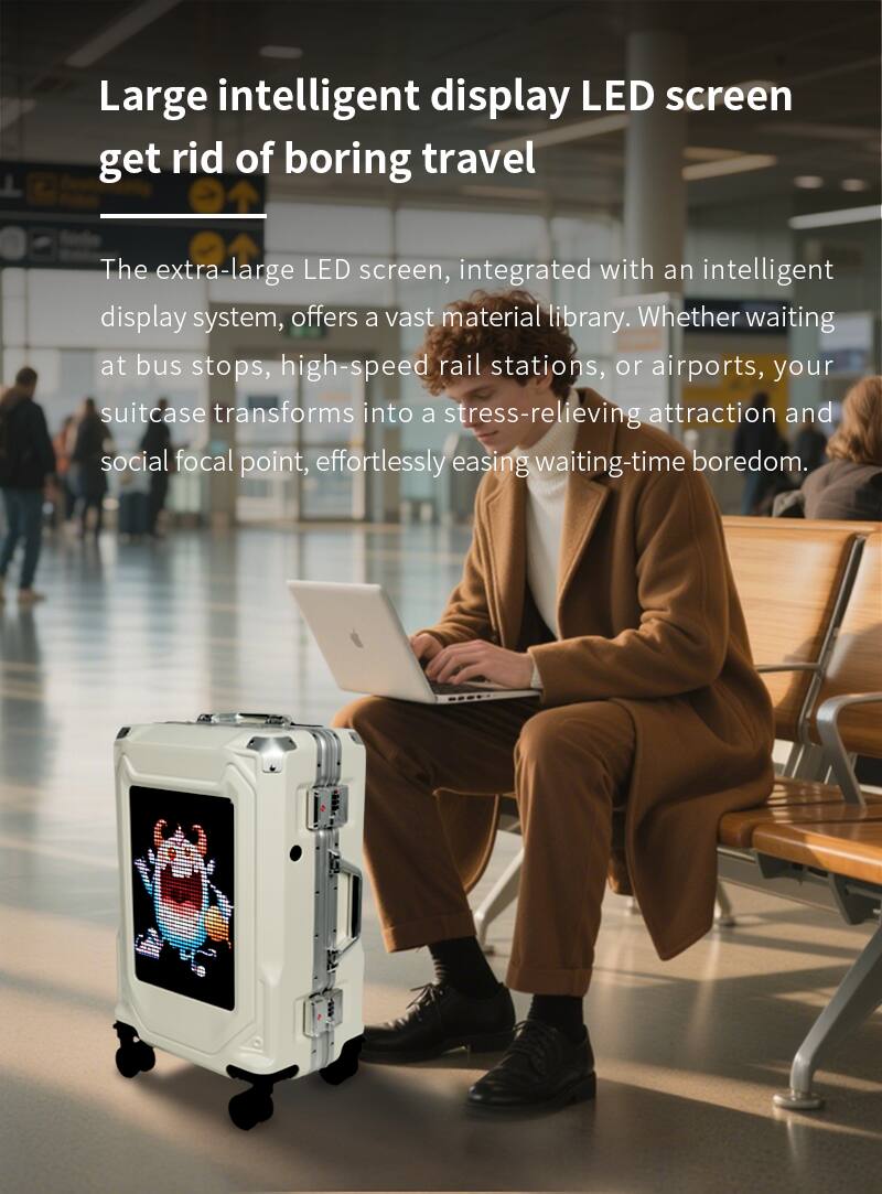 Large intelligent display LED screen get rid of boring travel

The extra-large LED screen, integrated with an intelligent display system, offers a vast material library. Whether waiting at bus stops, high-speed rail stations, or airports, your suitcase transforms into a stress-relieving attraction and social focal point, effortlessly easing waiting-time boredom.