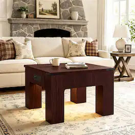 Aheaplus - Square Coffee Table with Charging Station and LED Lights for Living Room - Walnut