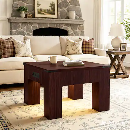 Front. Aheaplus - Square Coffee Table with Charging Station and LED Lights for Living Room - Walnut.