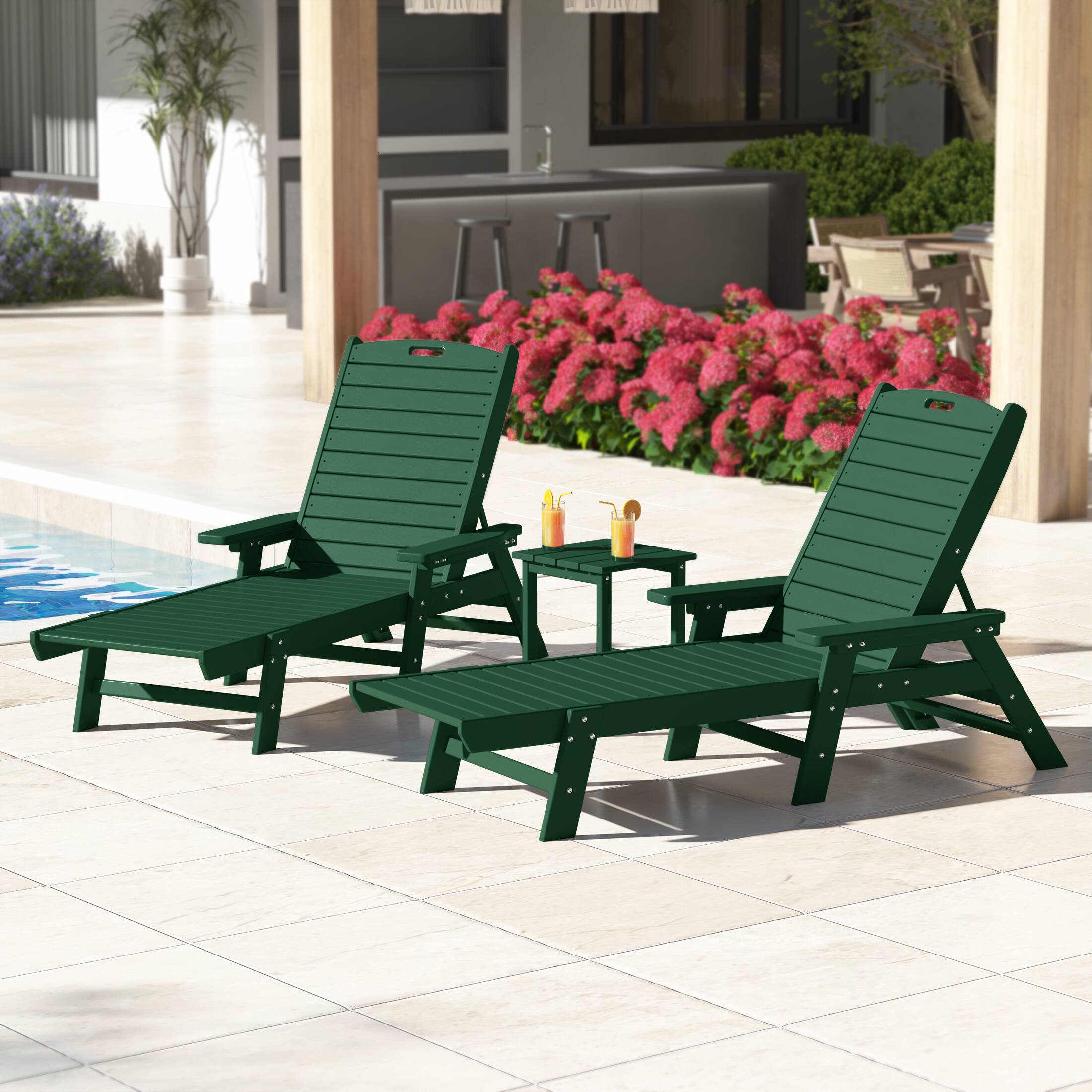 Angle. WestinTrends - WestinTrends Malibu 3 piece Set Poly Adirondack Outdoor Chaise Lounges with Side Table - Dark Green.
