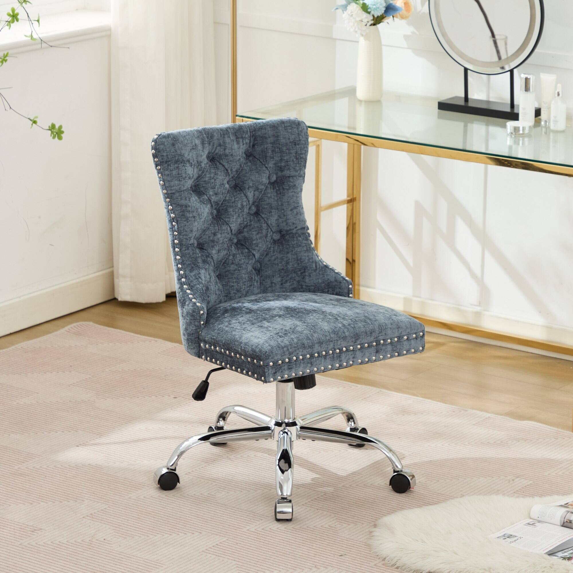 Angle. Trinkets Crazed - Home Office Chair with Wheels & Silver Base,Chenille Fabric Makeup Vanity Chair with Tufted Back, Swivel Desk Chair - Light Blue.