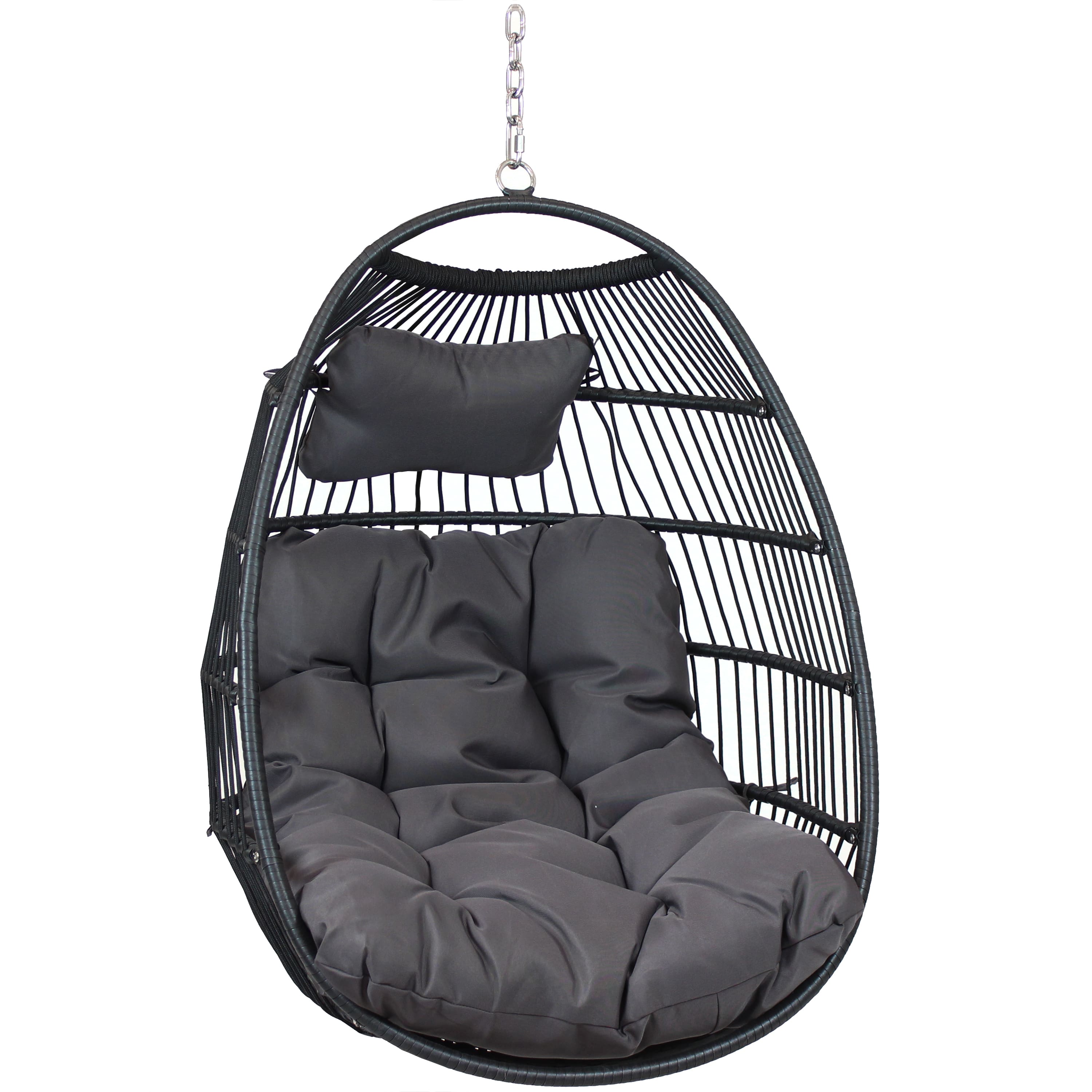 Sunnydaze - Black Polyethylene Wicker Hanging Egg Chair with Cushions - Gray