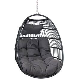 Sunnydaze - Black Polyethylene Wicker Hanging Egg Chair with Cushions - Gray