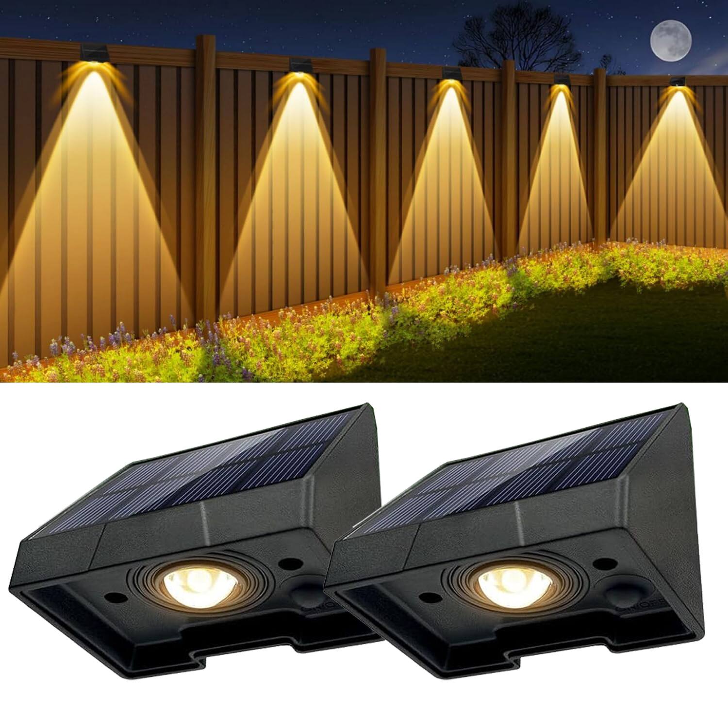 Front. Auledio - 2Pack Decorative Solar Fence Lights Outdoor Waterproof with Warm White LED Spot Lens,for Outside Wall,Patio,Yard,Garage - Warm White.
