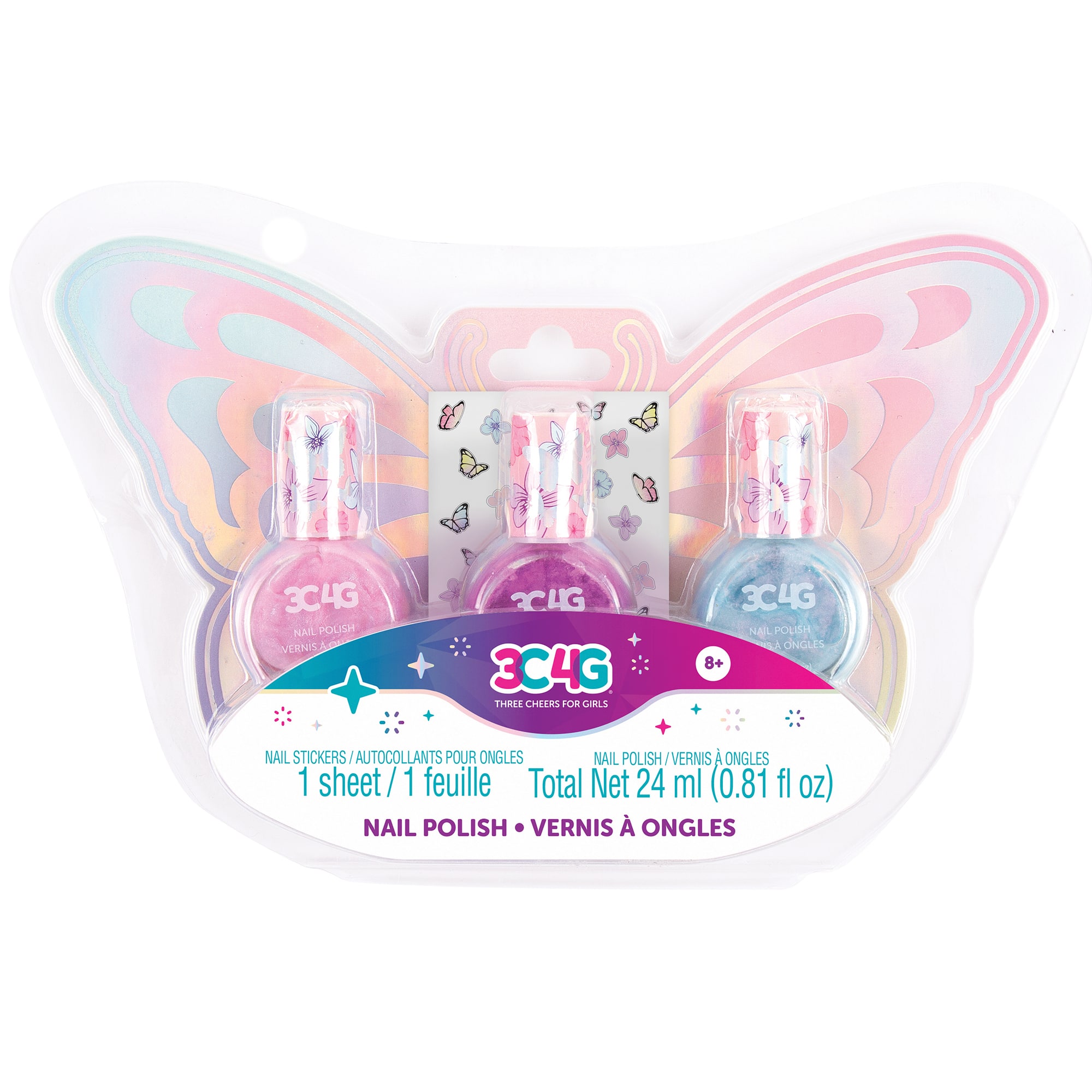 The text on the image is already grouped and correctly written. It reads: "3C4G NAIL POLISH VERNIS A  + 3CUG 3C4G THREE CHITA F CRIS 3C4G NA POLIDH  ONGLES 8+ NAIL STICKERS /AUTOCOLLANTS POUR ONGLES NAIL POLISH VERNIS A ONGLES 1 sheet/ / 1 feuille Total Net 24 ml (0.81 fl oz) NAIL POLISH VERNIS  ONGLES."